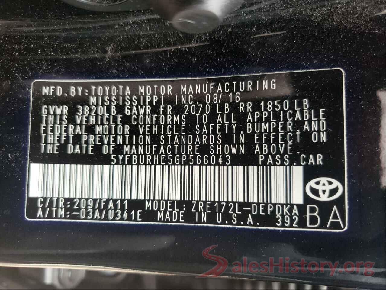 5YFBURHE5GP566043 2016 TOYOTA COROLLA