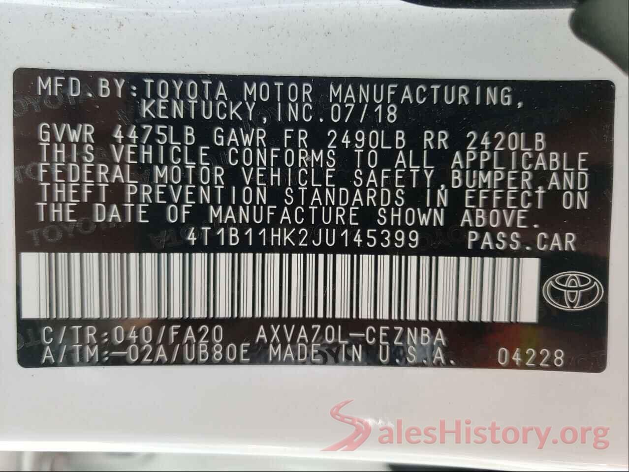 4T1B11HK2JU145399 2018 TOYOTA CAMRY