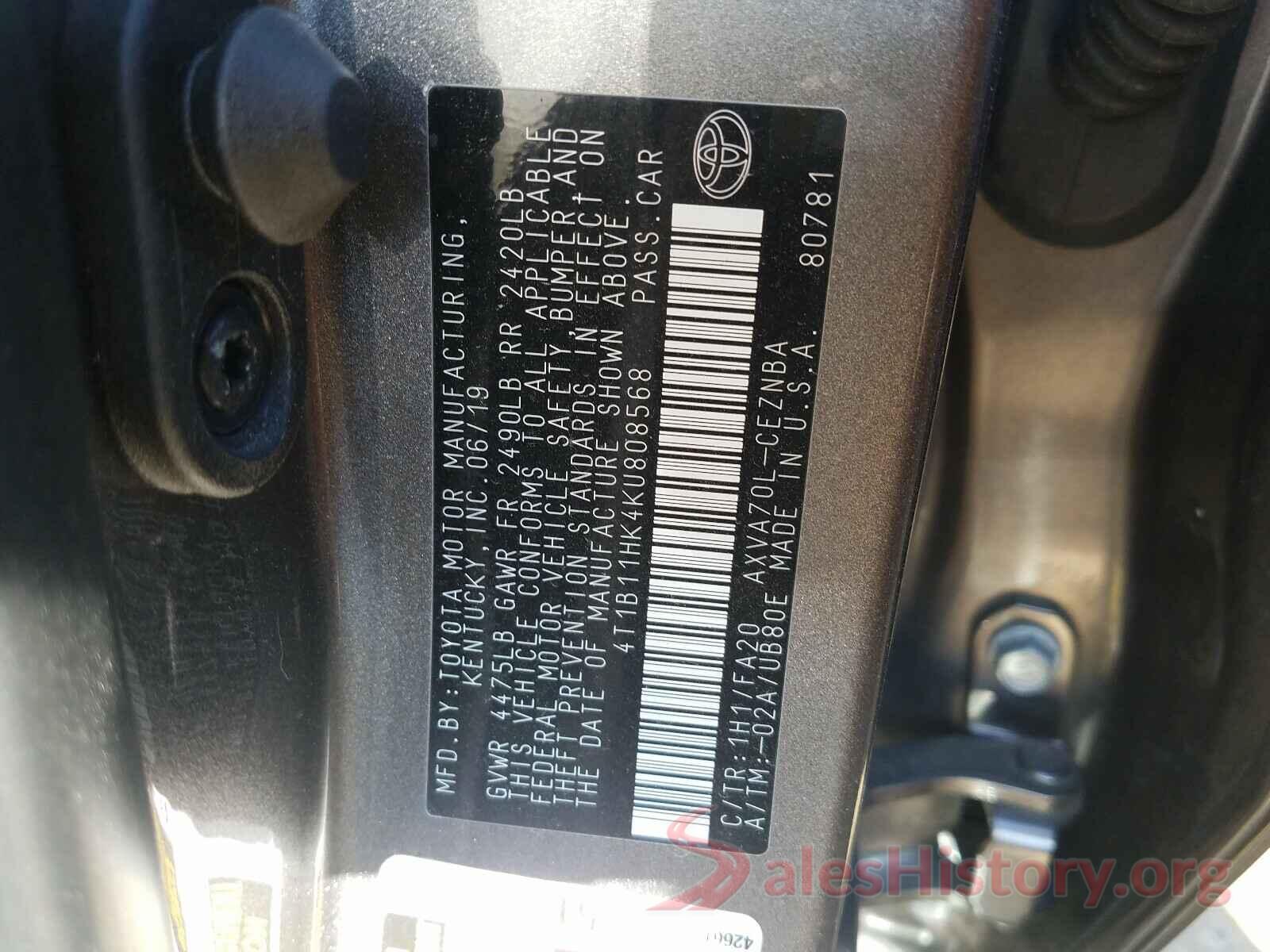 4T1B11HK4KU808568 2019 TOYOTA CAMRY