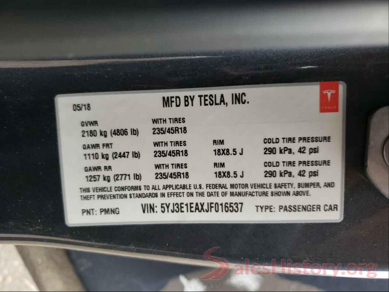 5YJ3E1EAXJF016537 2018 TESLA MODEL 3