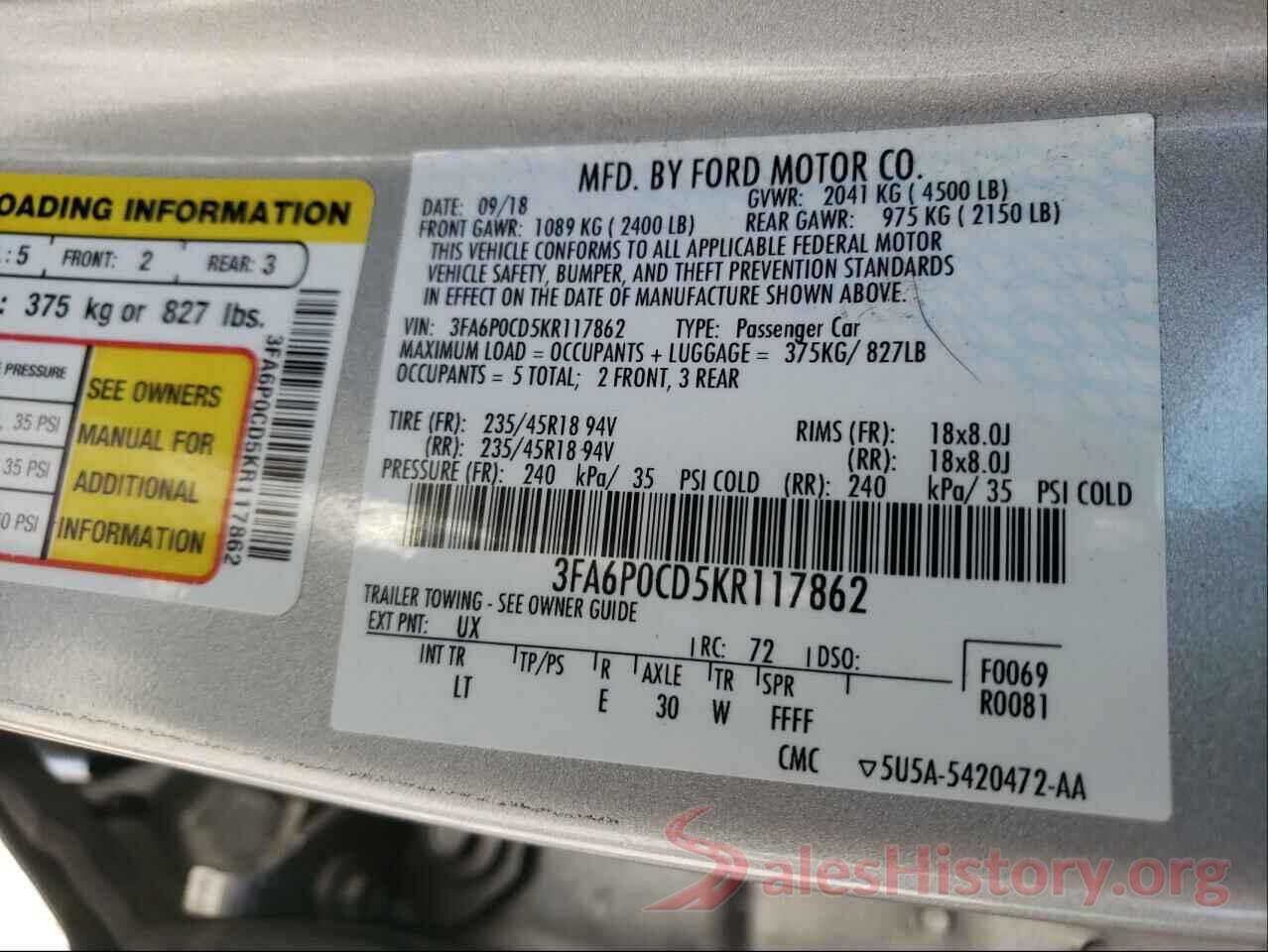 3FA6P0CD5KR117862 2019 FORD FUSION