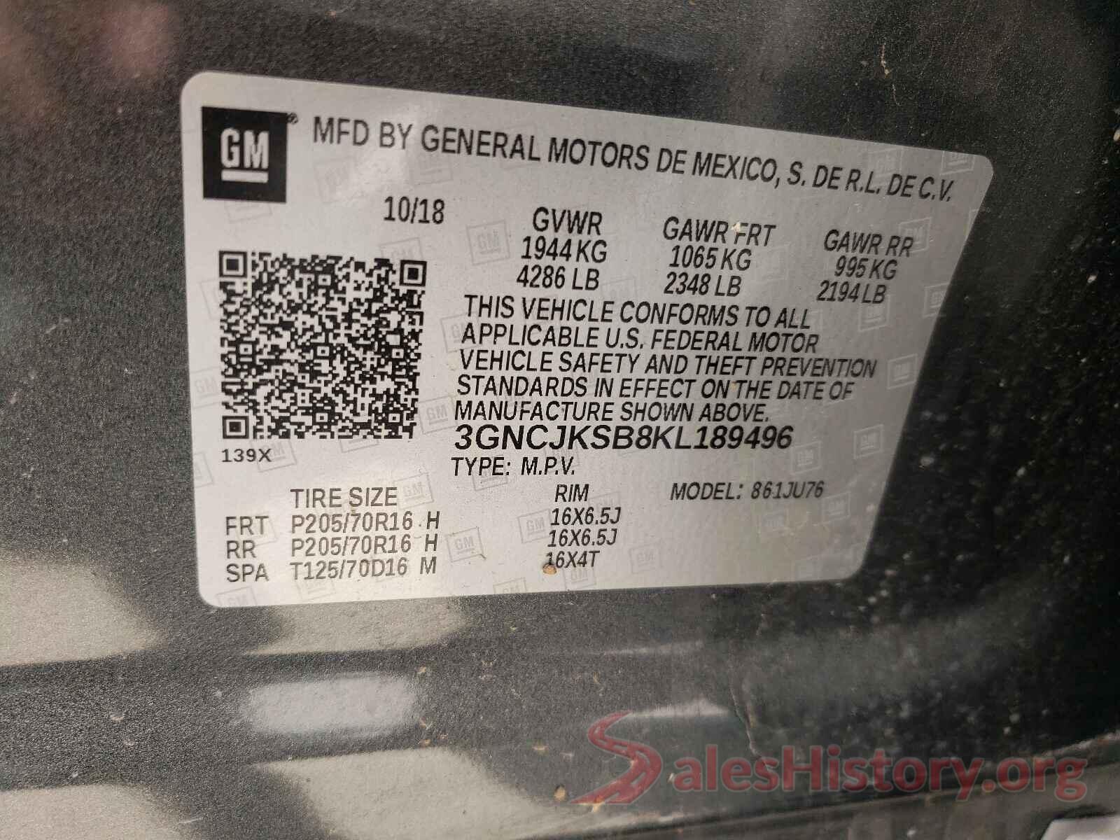 3GNCJKSB8KL189496 2019 CHEVROLET TRAX