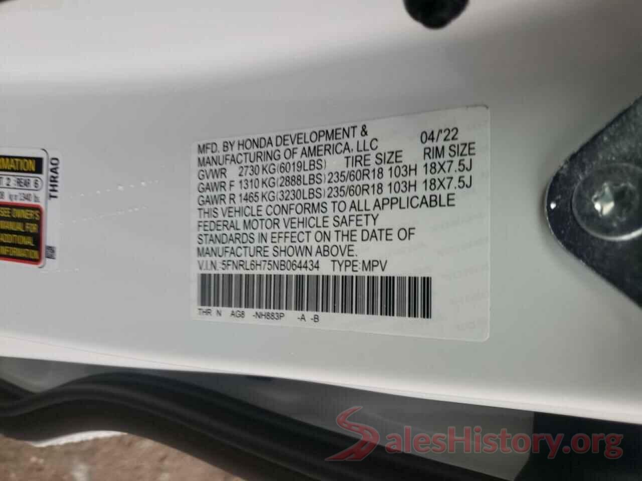 5FNRL6H75NB064434 2022 HONDA ODYSSEY