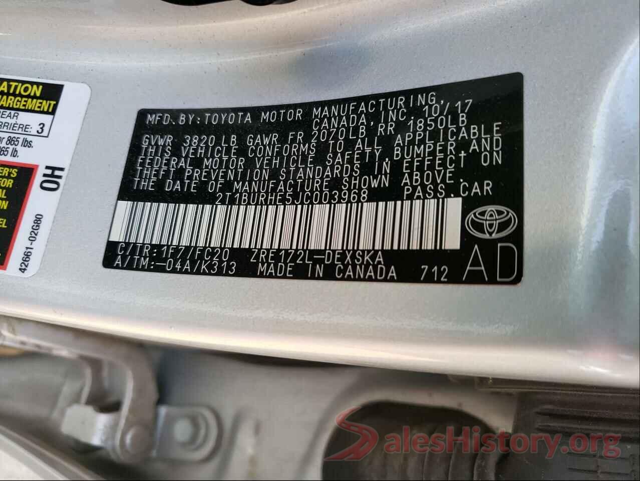 2T1BURHE5JC003968 2018 TOYOTA COROLLA