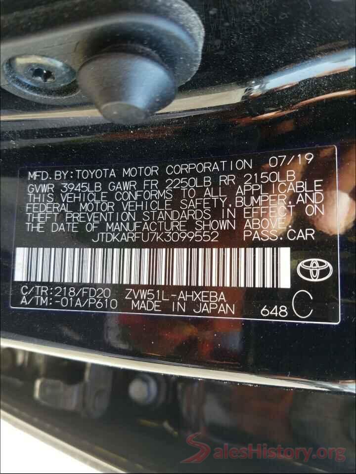 JTDKARFU7K3099552 2019 TOYOTA PRIUS