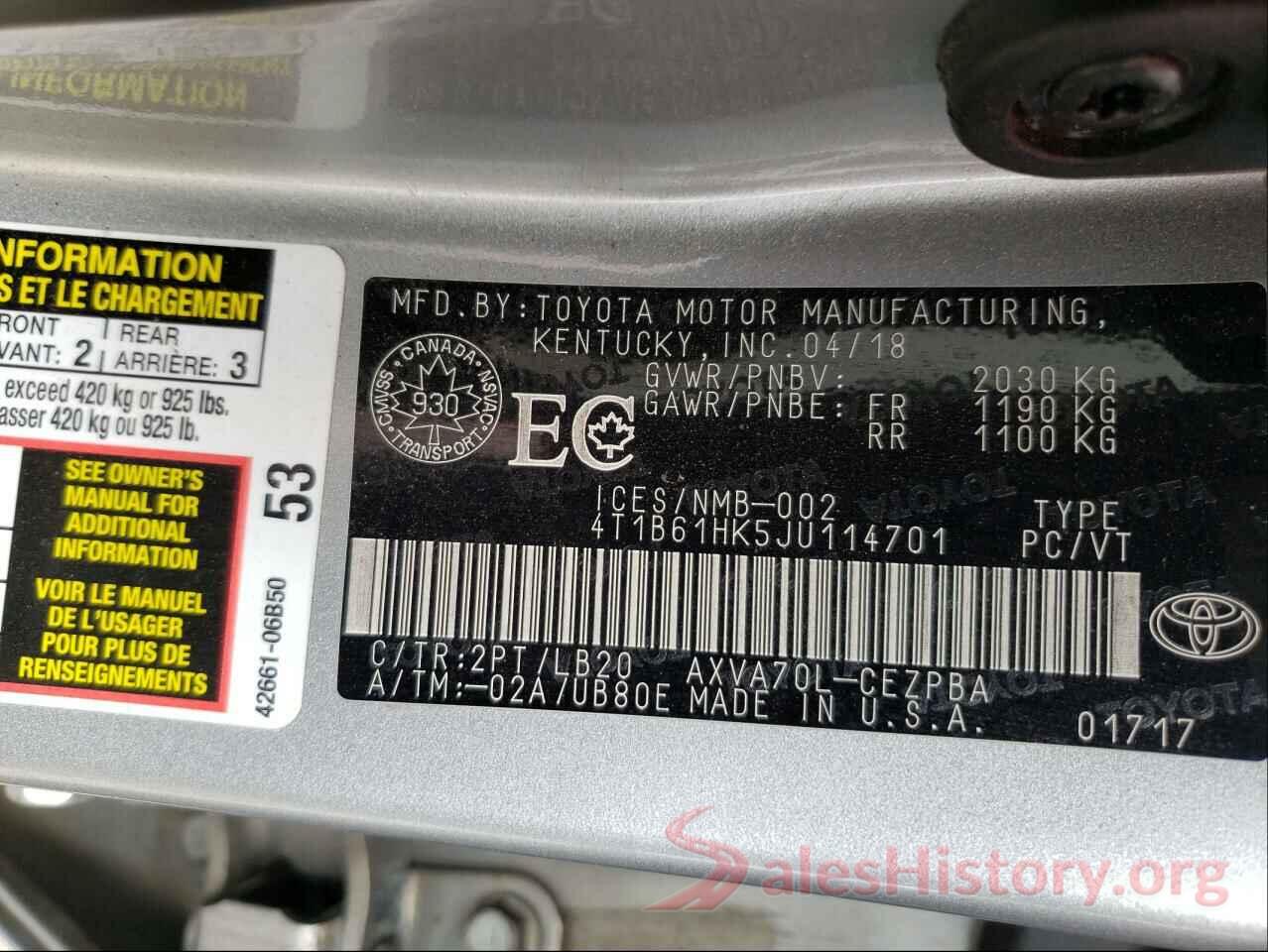 4T1B61HK5JU114701 2018 TOYOTA CAMRY