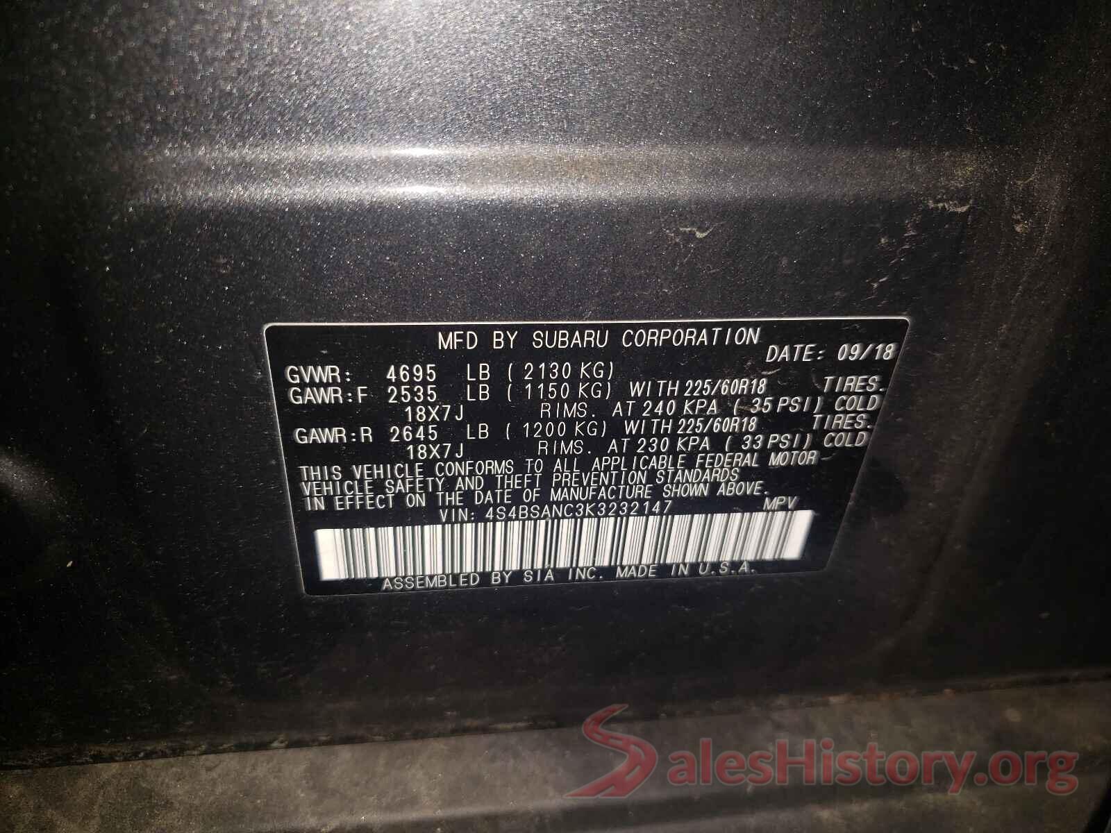 4S4BSANC3K3232147 2019 SUBARU OUTBACK