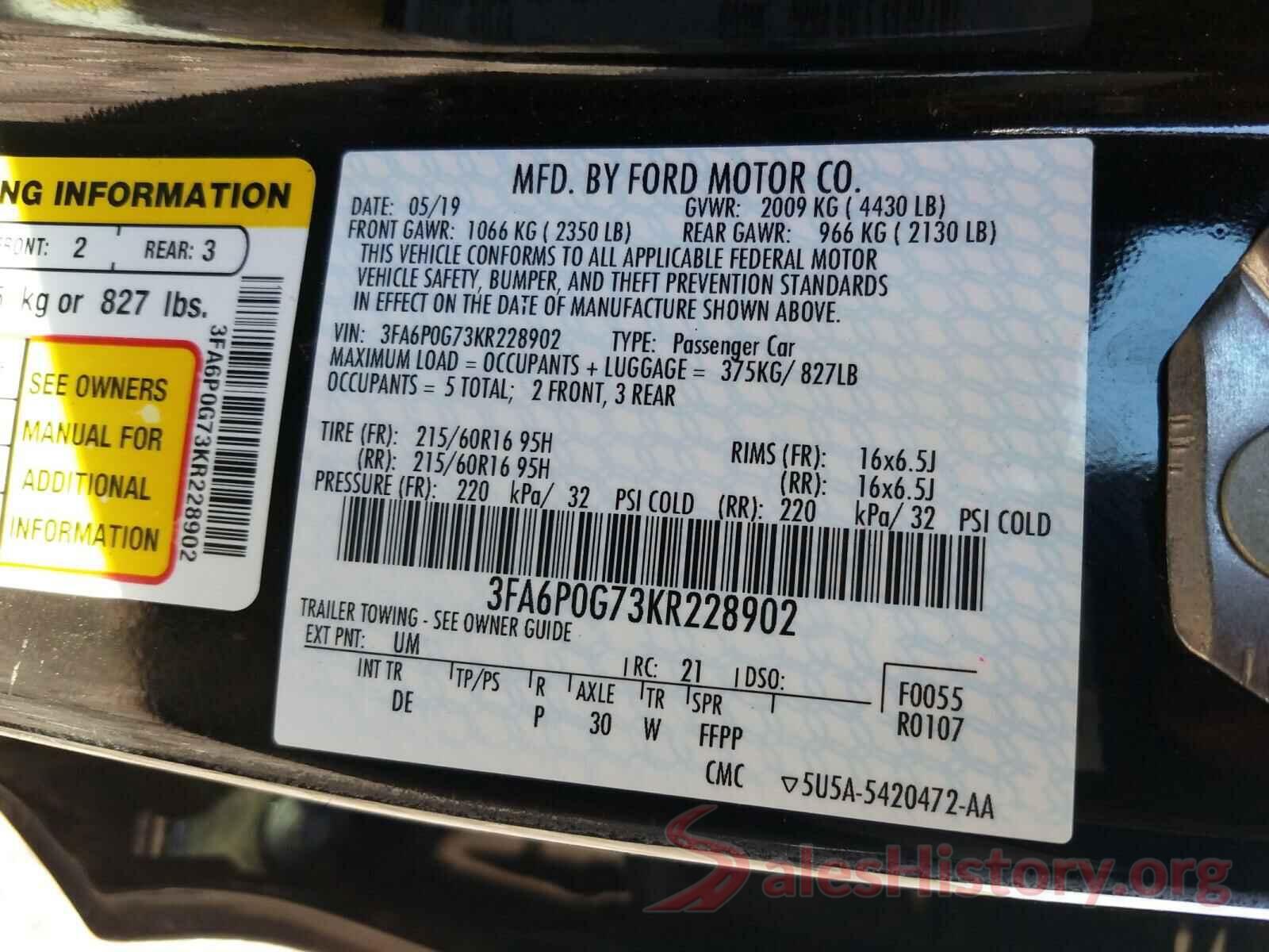 3FA6P0G73KR228902 2019 FORD FUSION