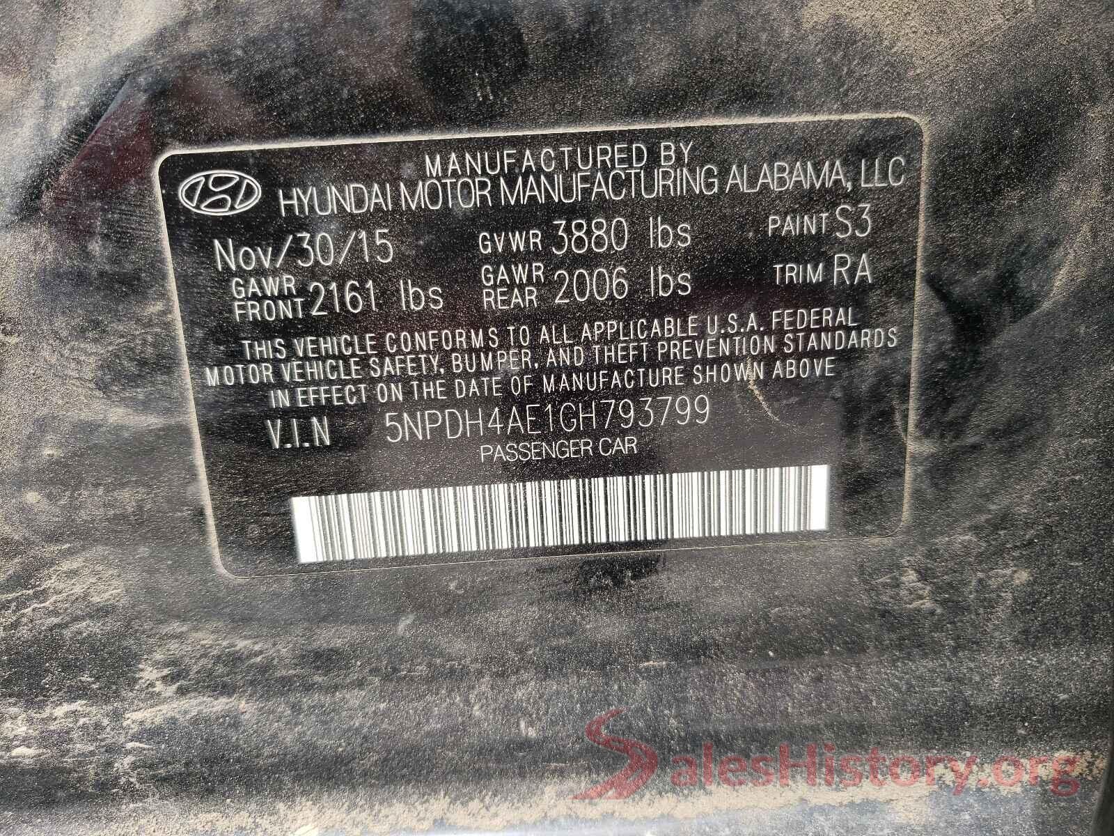 5NPDH4AE1GH793799 2016 HYUNDAI ELANTRA