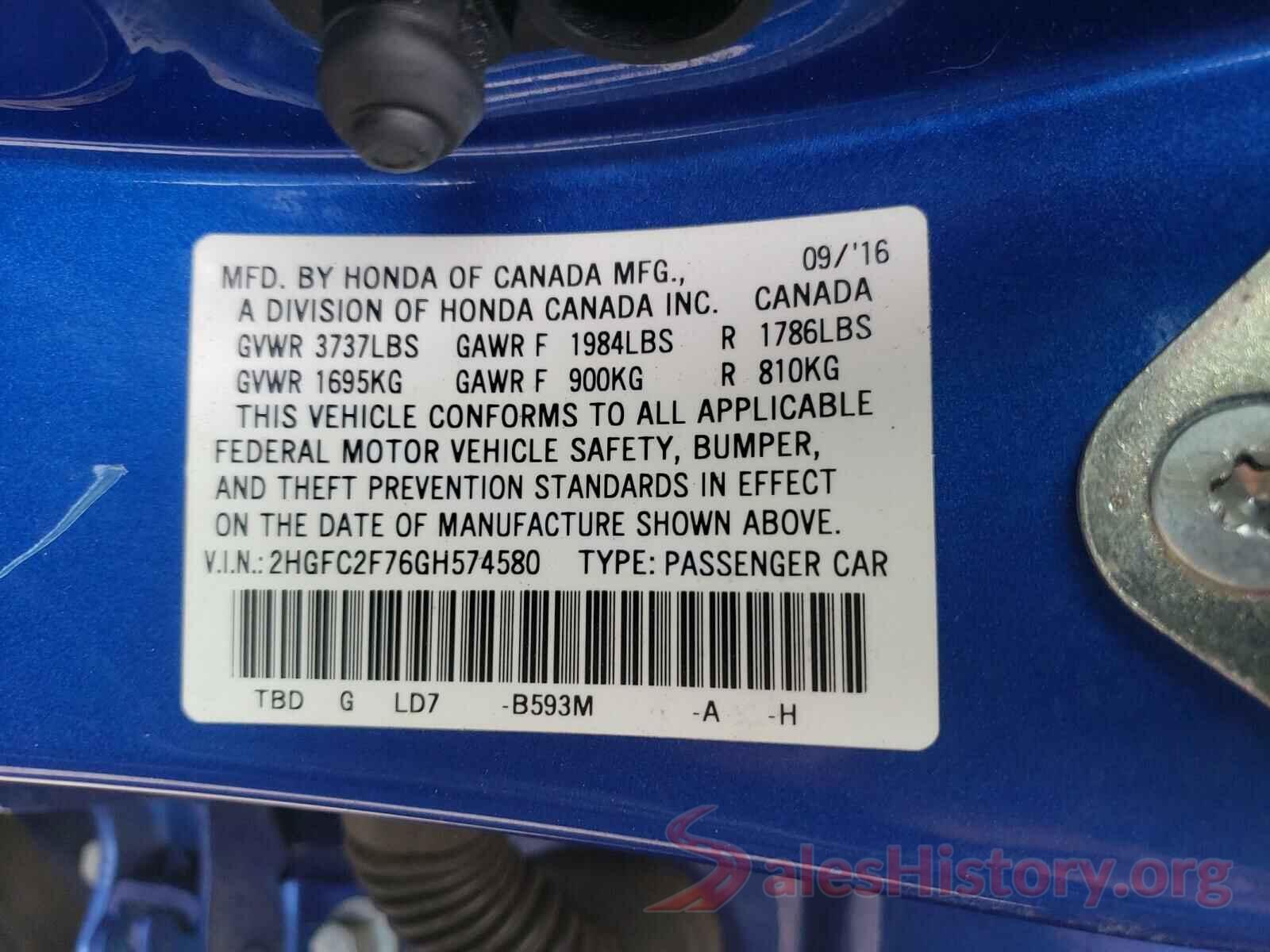 2HGFC2F76GH574580 2016 HONDA CIVIC