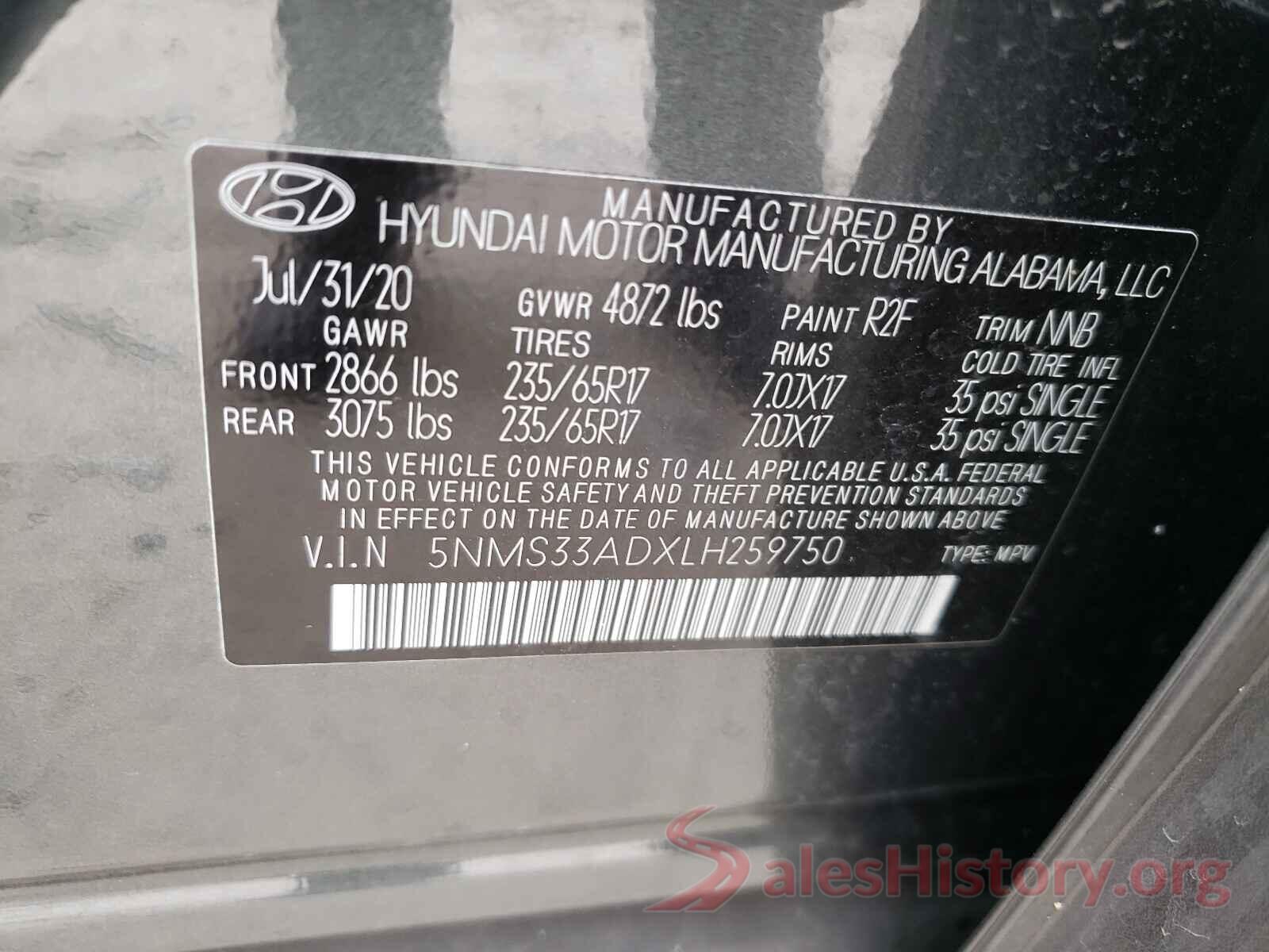 5NMS33ADXLH259750 2020 HYUNDAI SANTA FE