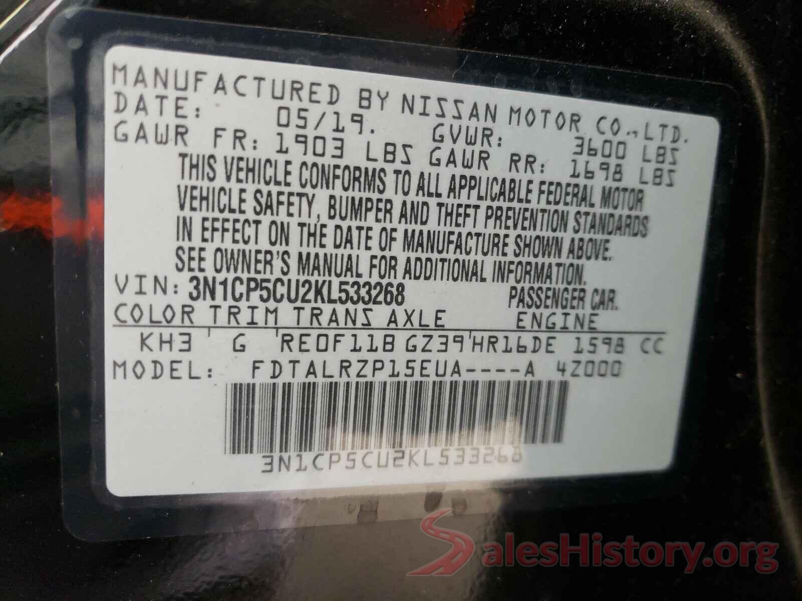 3N1CP5CU2KL533268 2019 NISSAN KICKS