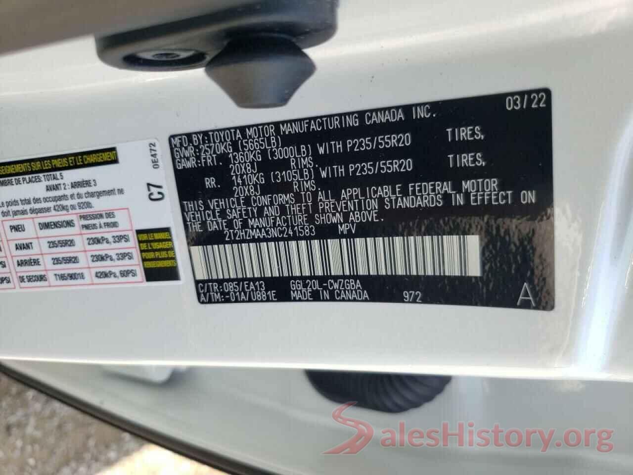 2T2HZMAA3NC241583 2022 LEXUS RX350