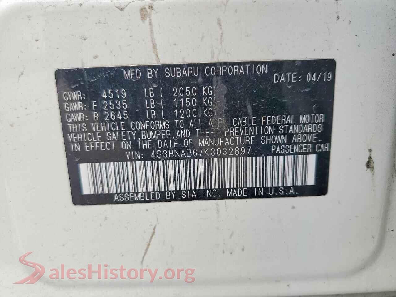 2019 SUBARU LEGACY VIN 4S3BNAB67K3032897, trunk area
