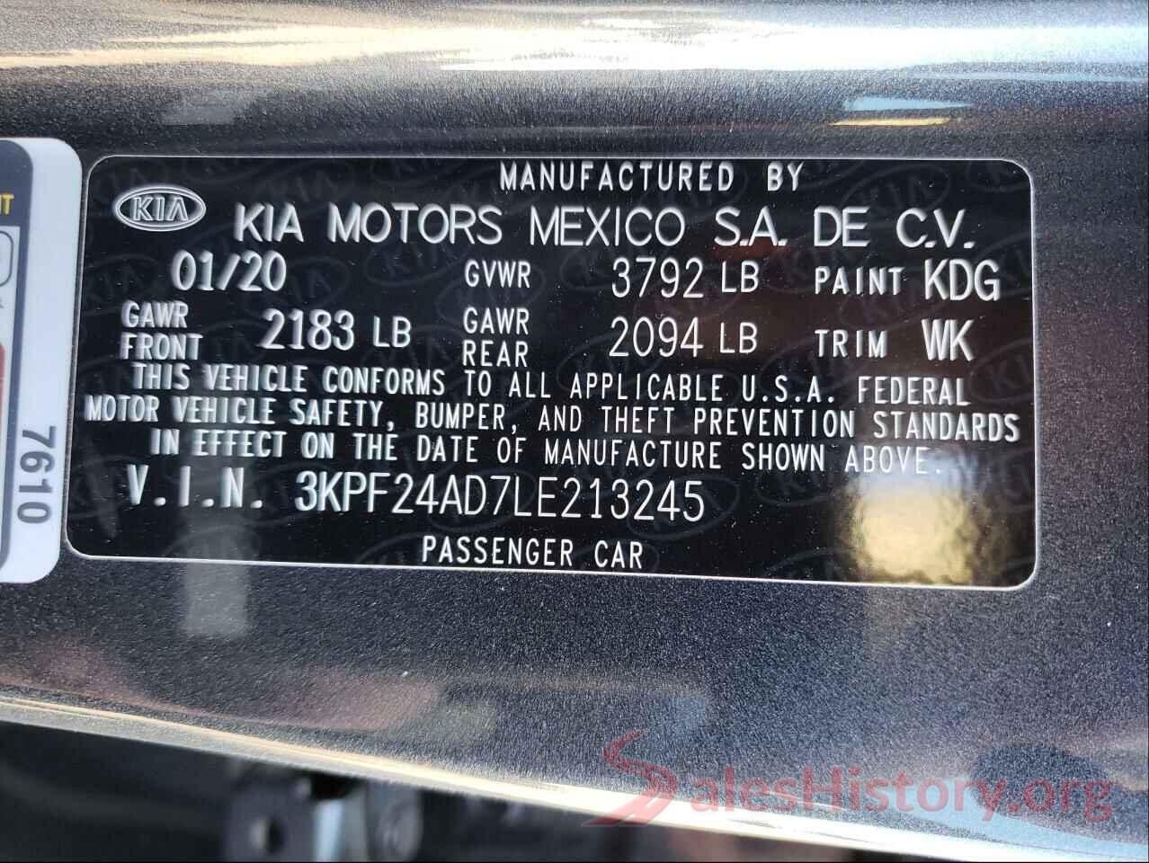 3KPF24AD7LE213245 2020 KIA FORTE