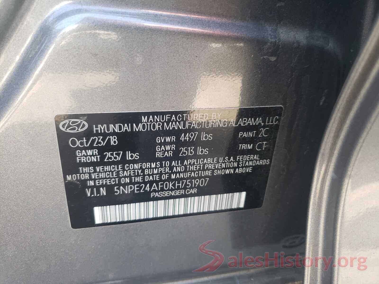 5NPE24AF0KH751907 2019 HYUNDAI SONATA