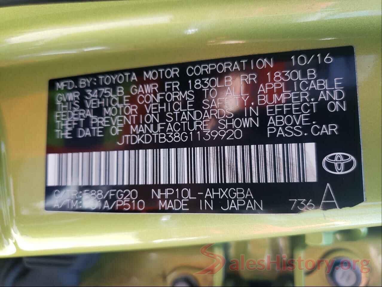 JTDKDTB38G1139920 2016 TOYOTA PRIUS