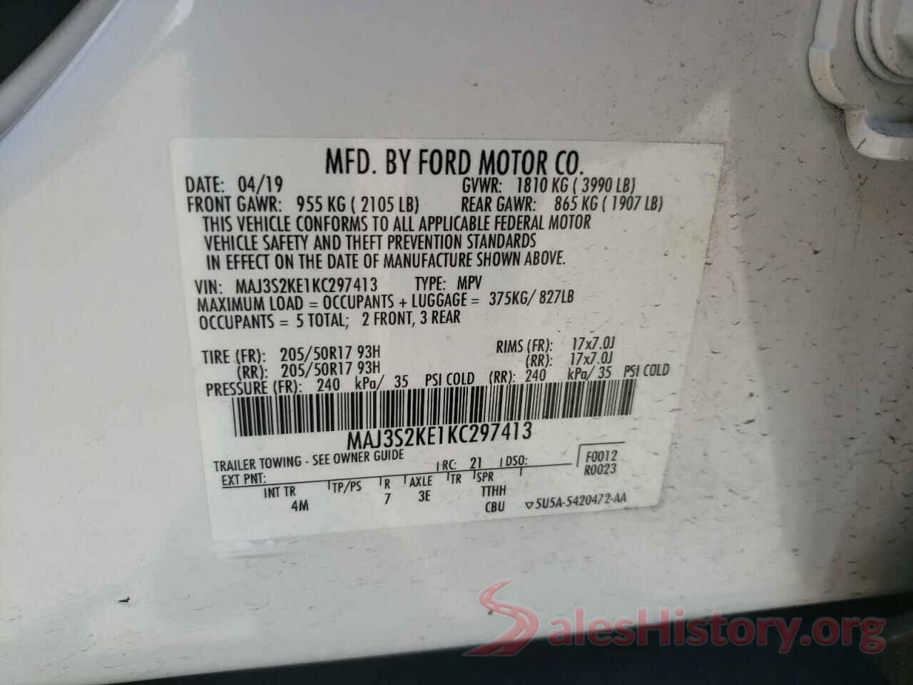 MAJ3S2KE1KC297413 2019 FORD ECOSPORT