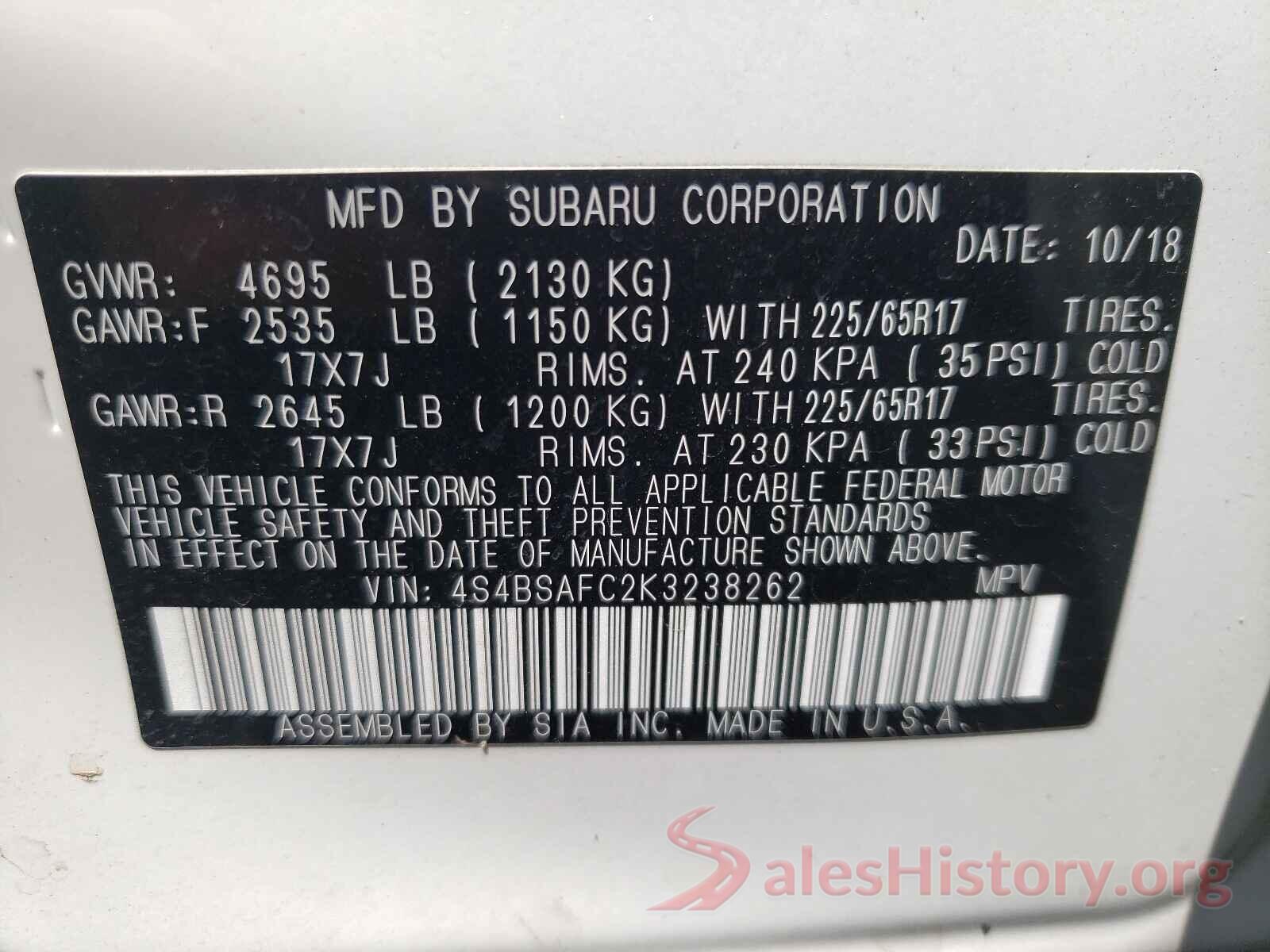 4S4BSAFC2K3238262 2019 SUBARU OUTBACK