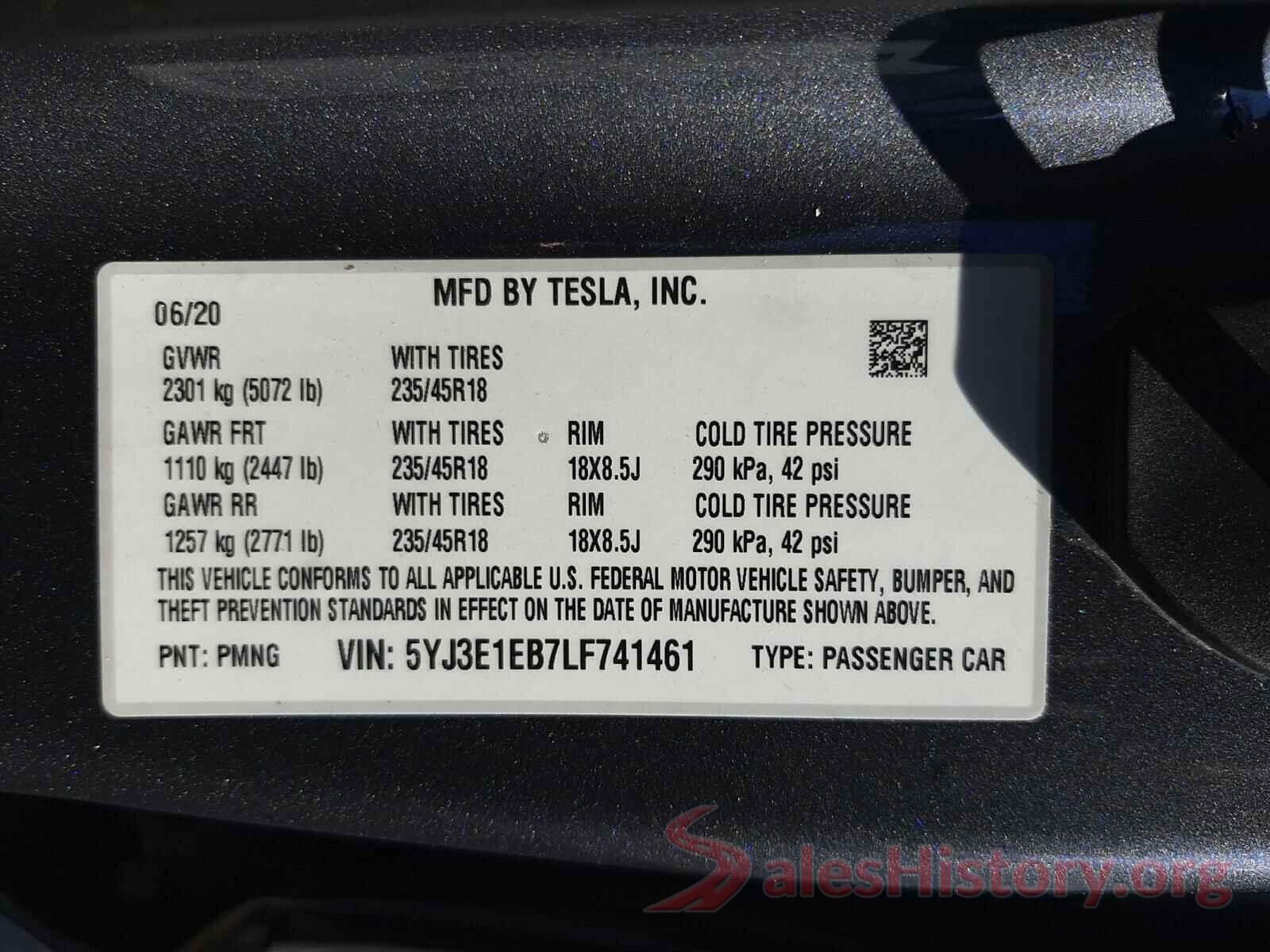 5YJ3E1EB7LF741461 2020 TESLA MODEL 3