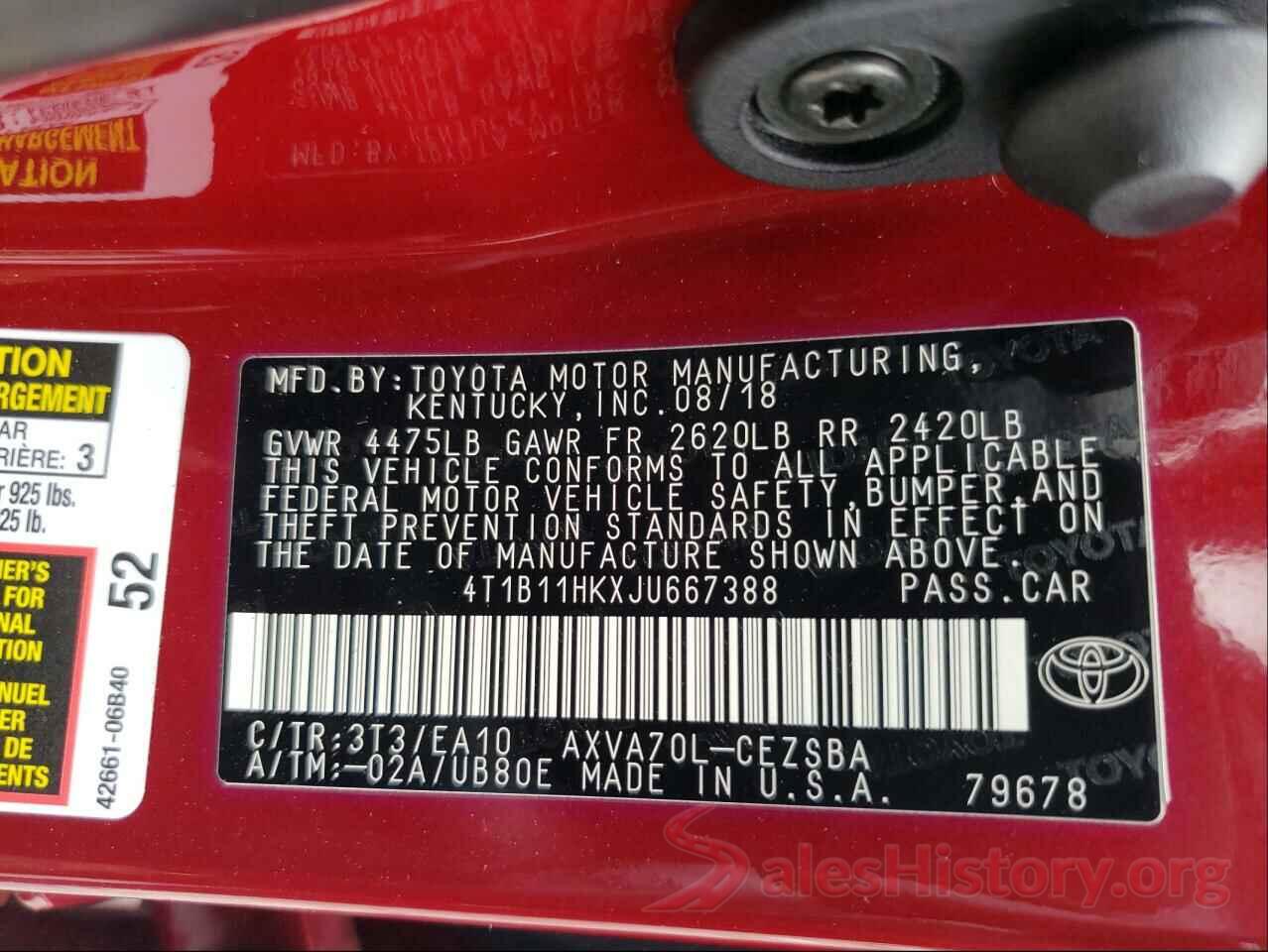 4T1B11HKXJU667388 2018 TOYOTA CAMRY