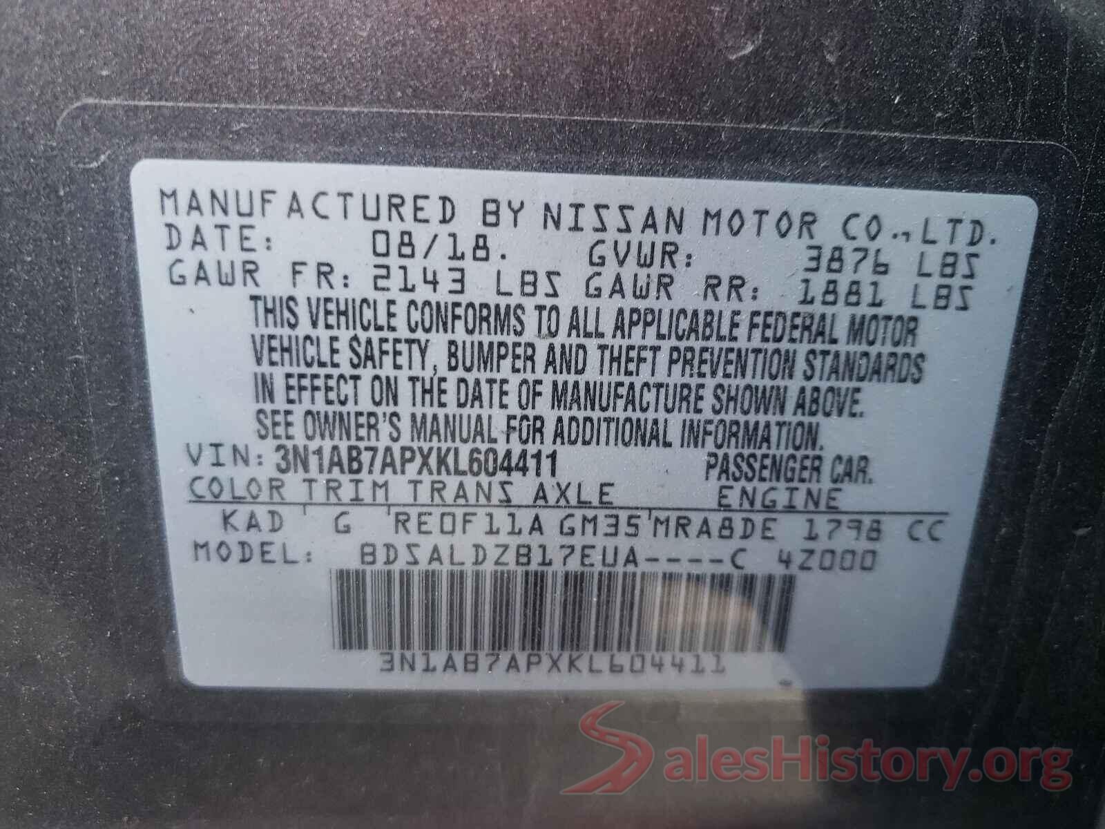 3N1AB7APXKL604411 2019 NISSAN SENTRA