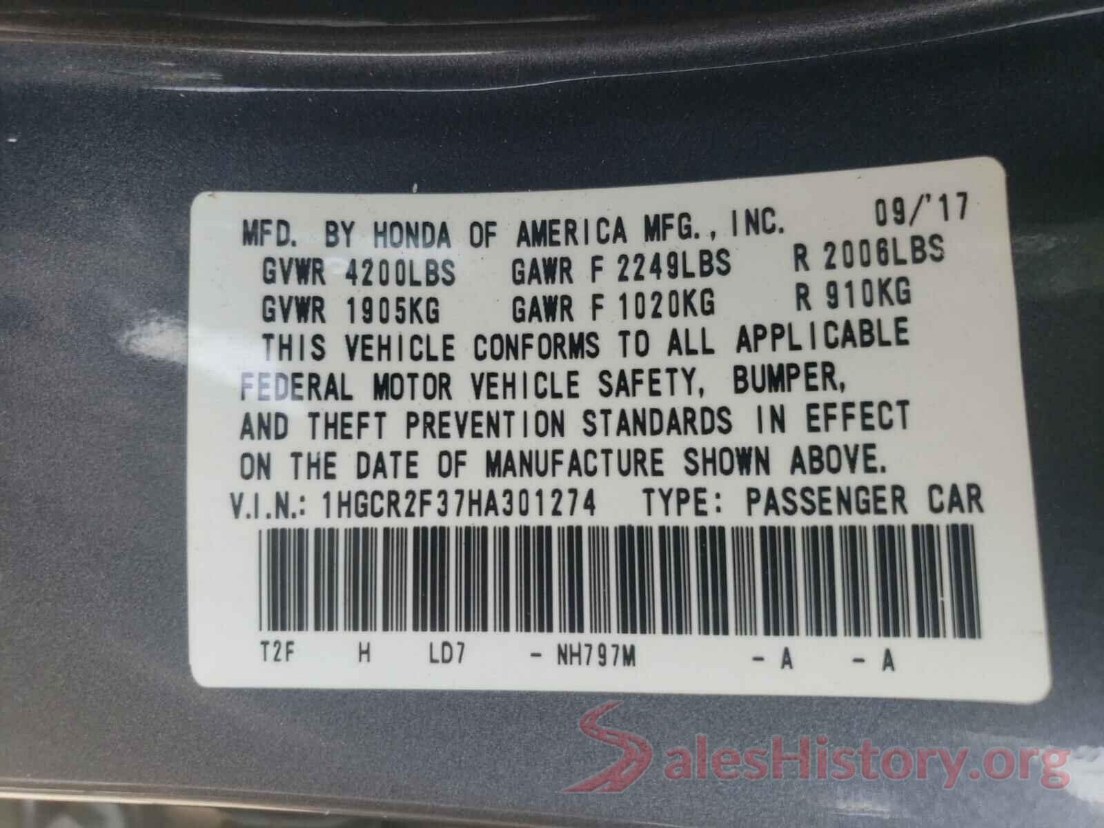 1HGCR2F37HA301274 2017 HONDA ACCORD