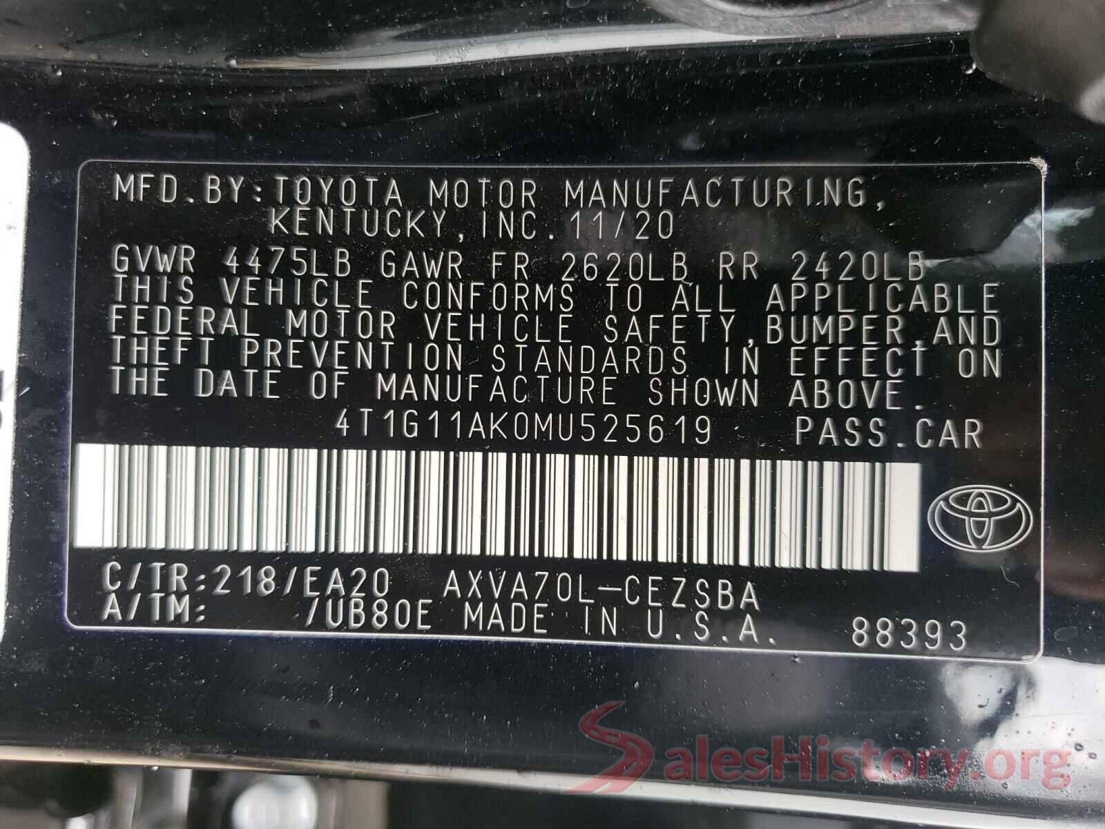 4T1G11AK0MU525619 2021 TOYOTA CAMRY