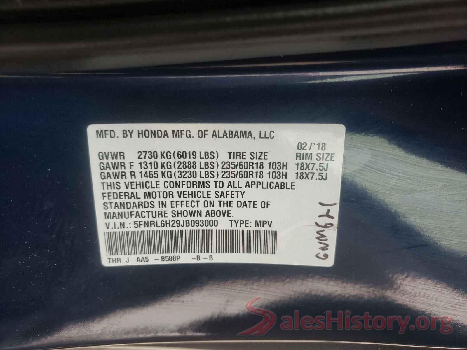 5FNRL6H29JB093000 2018 HONDA ODYSSEY