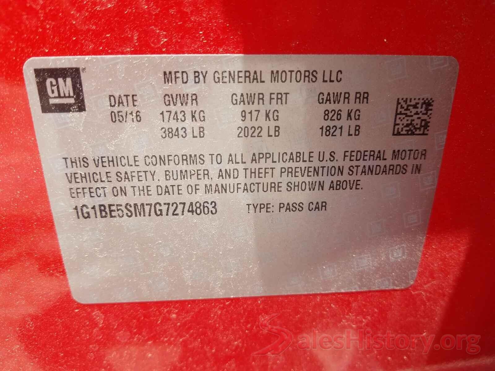 1G1BE5SM7G7274863 2016 CHEVROLET CRUZE