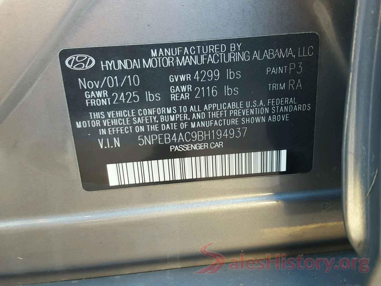 5NPEB4AC9BH194937 2011 HYUNDAI SONATA