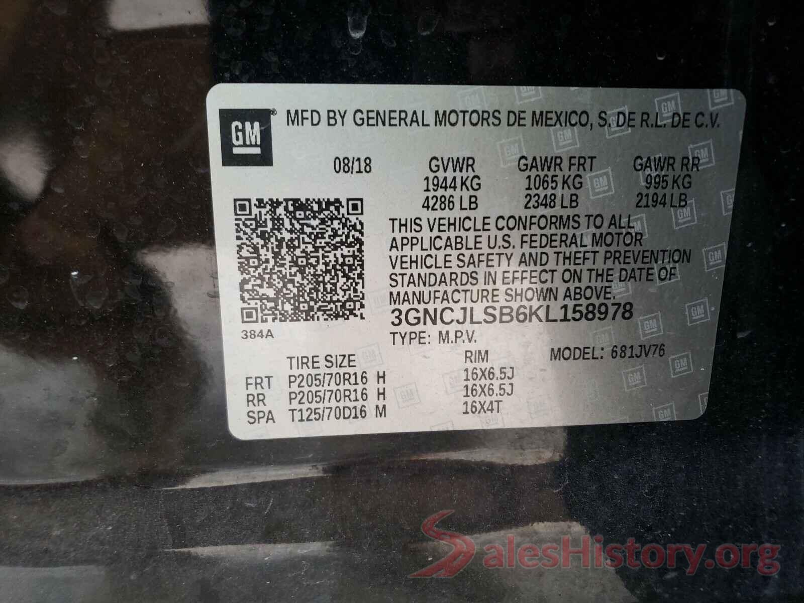 3GNCJLSB6KL158978 2019 CHEVROLET TRAX