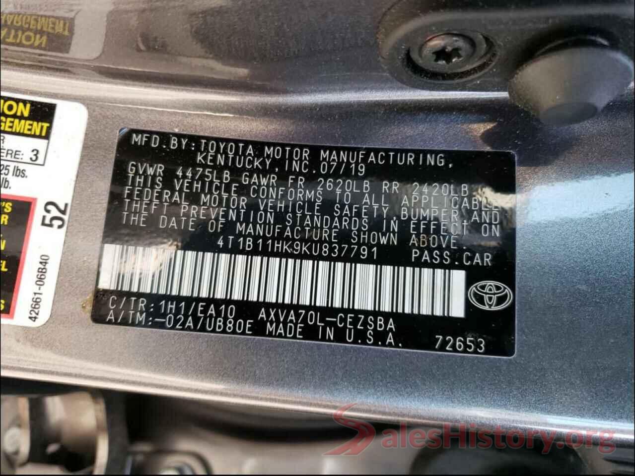 4T1B11HK9KU837791 2019 TOYOTA CAMRY