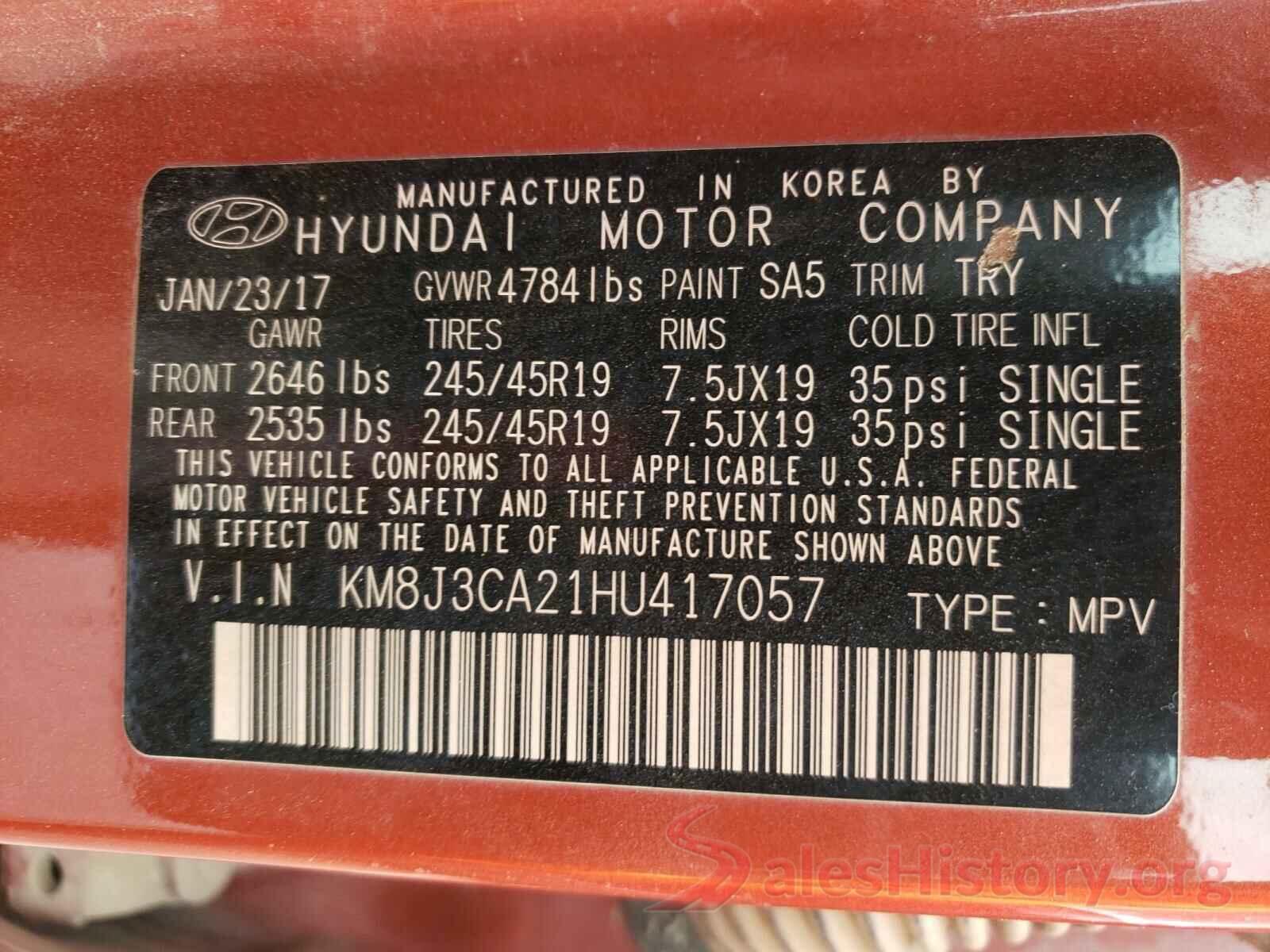 KM8J3CA21HU417057 2017 HYUNDAI TUCSON