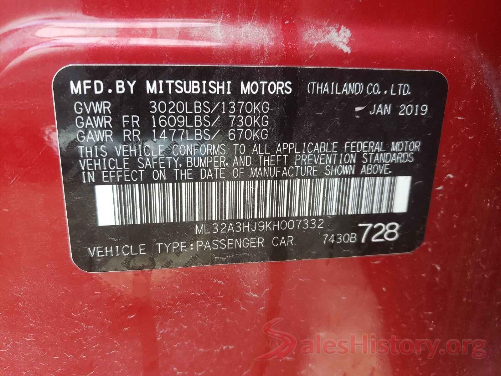 ML32A3HJ9KH007332 2019 MITSUBISHI MIRAGE