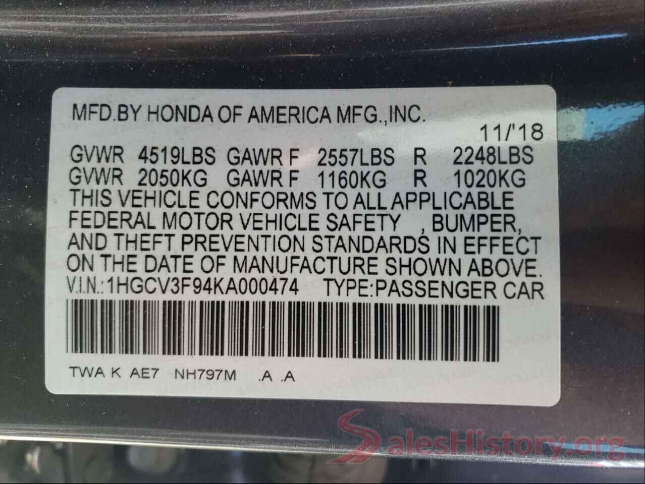 1HGCV3F94KA000474 2019 HONDA ACCORD