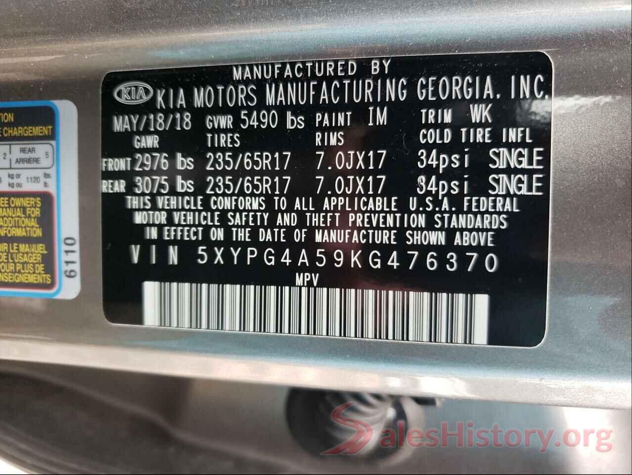 5XYPG4A59KG476370 2019 KIA SORENTO