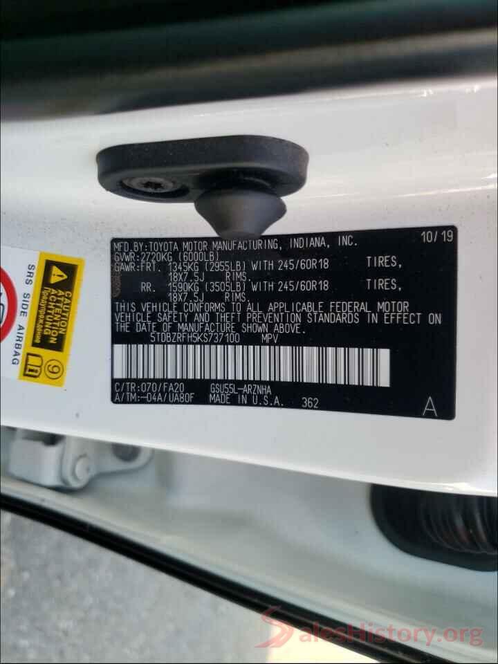 5TDBZRFH5KS737100 2019 TOYOTA HIGHLANDER