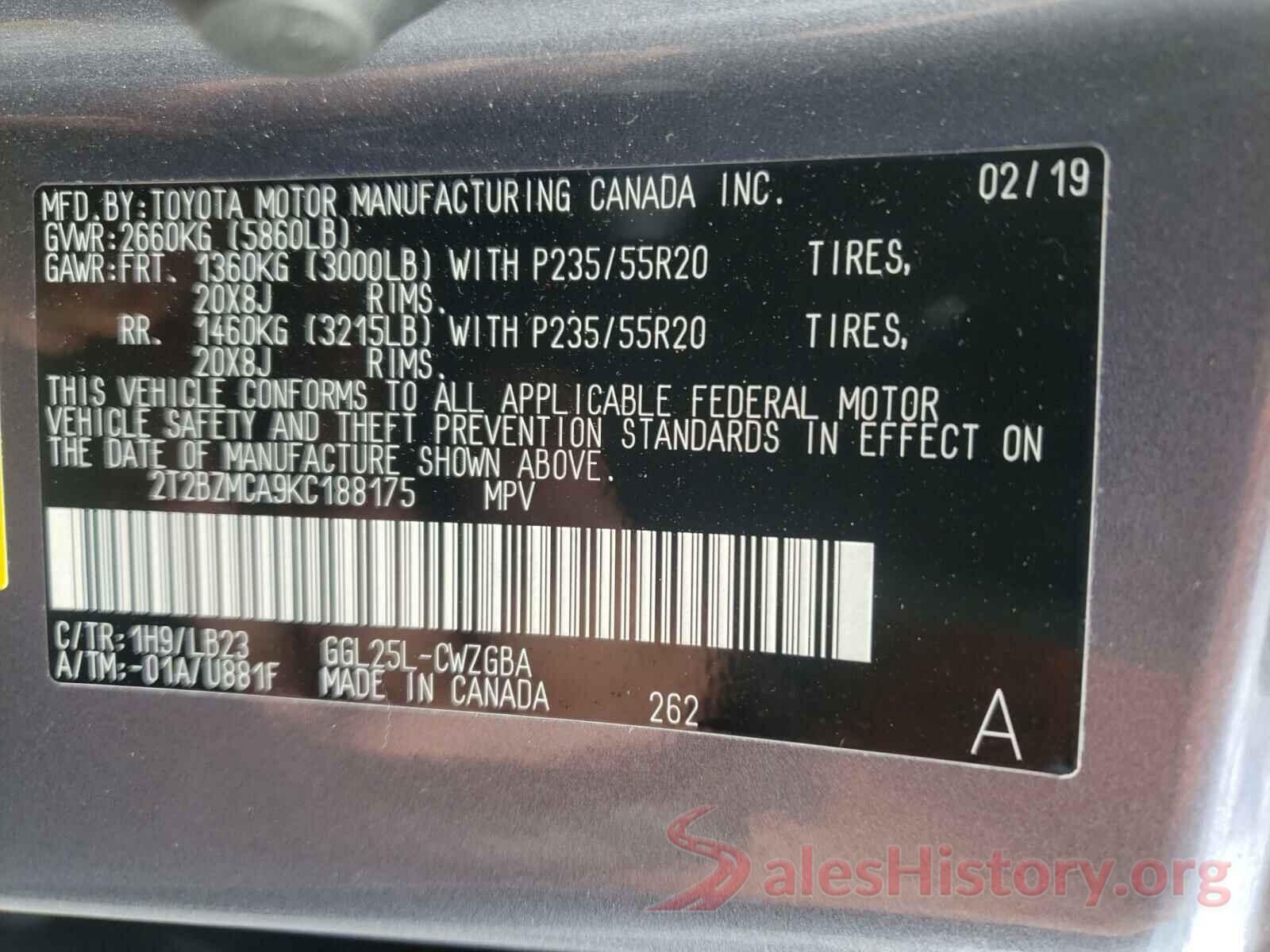 2T2BZMCA9KC188175 2019 LEXUS RX350