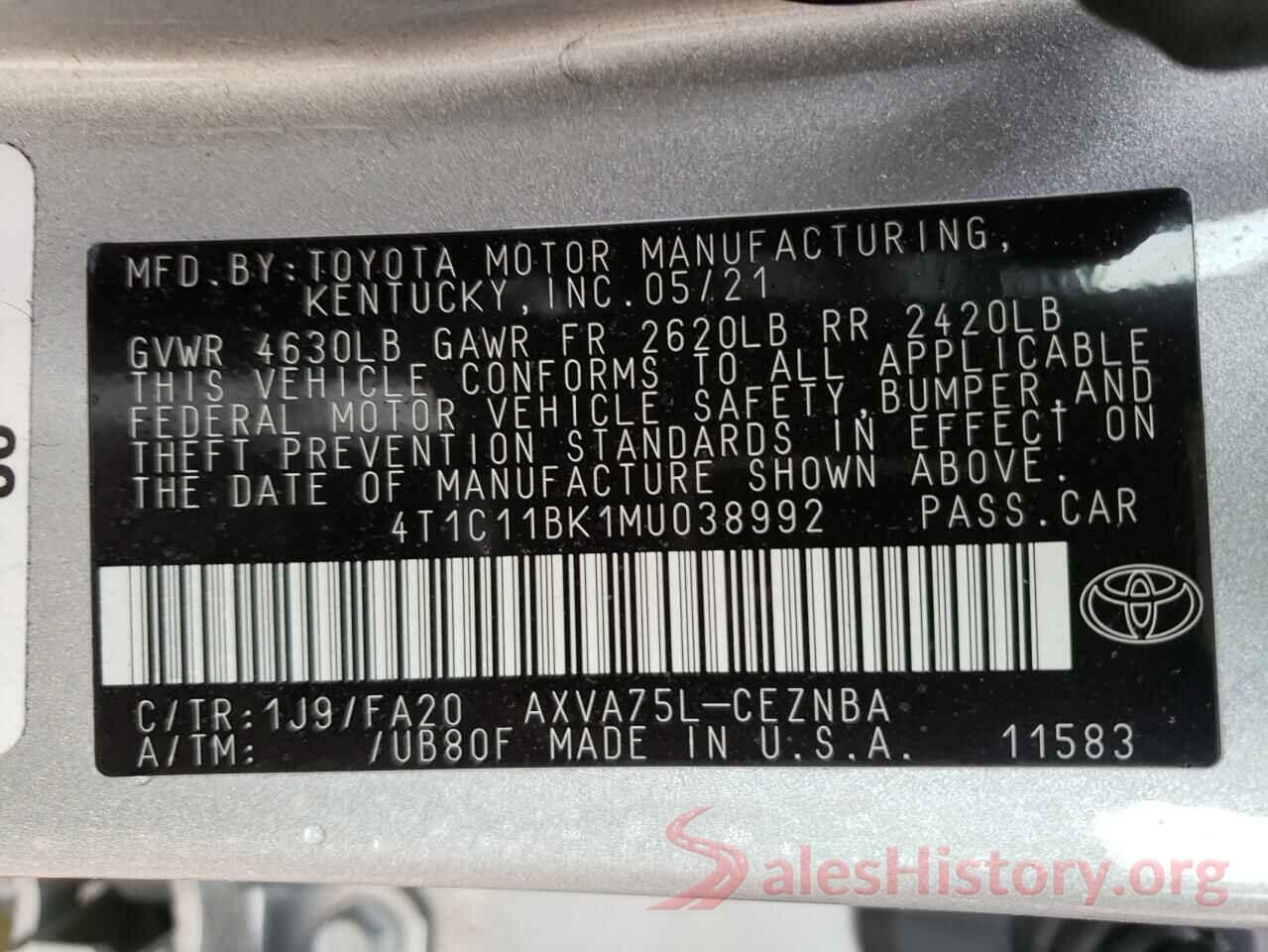 4T1C11BK1MU038992 2021 TOYOTA CAMRY