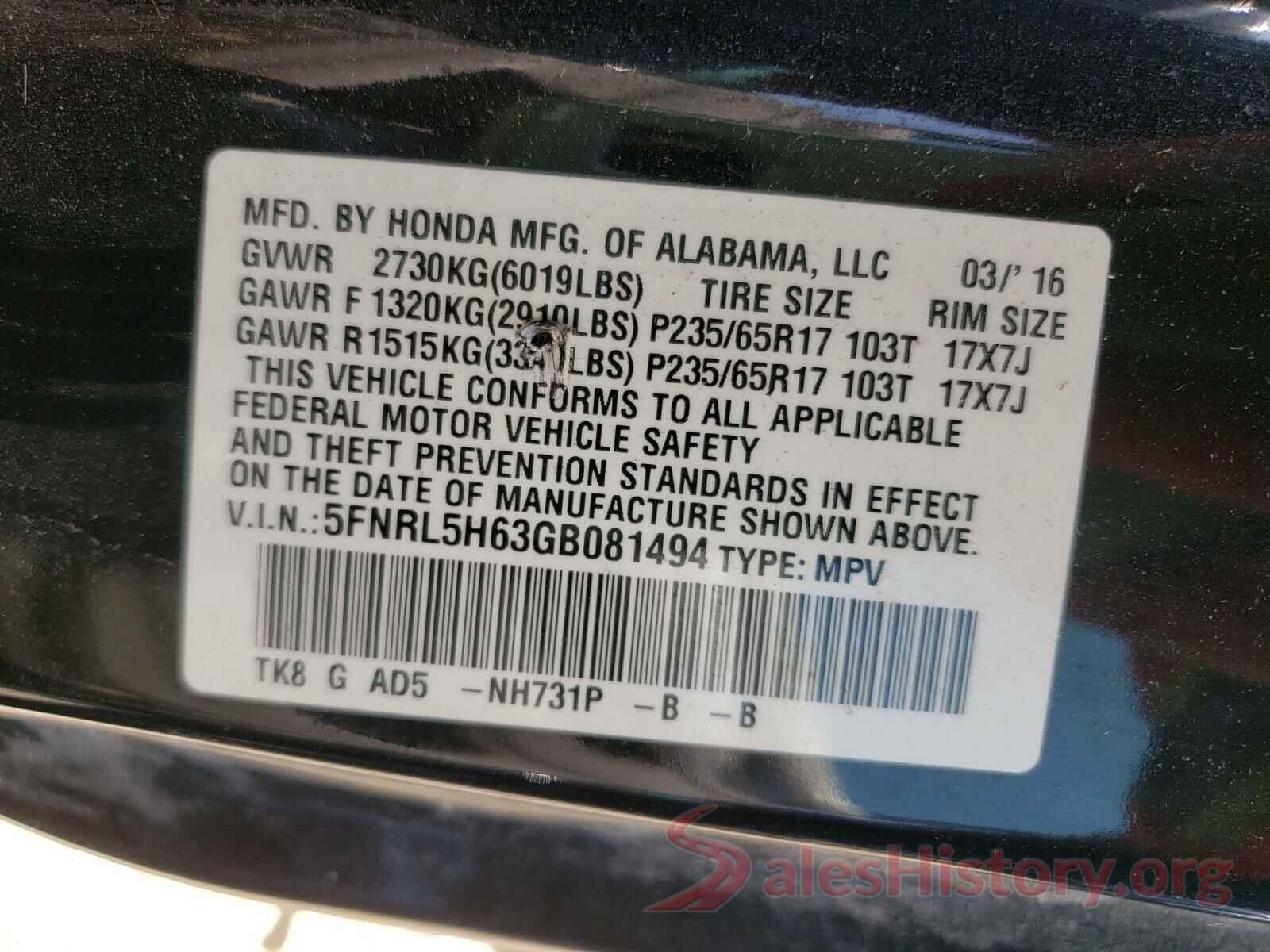 5FNRL5H63GB081494 2016 HONDA ODYSSEY