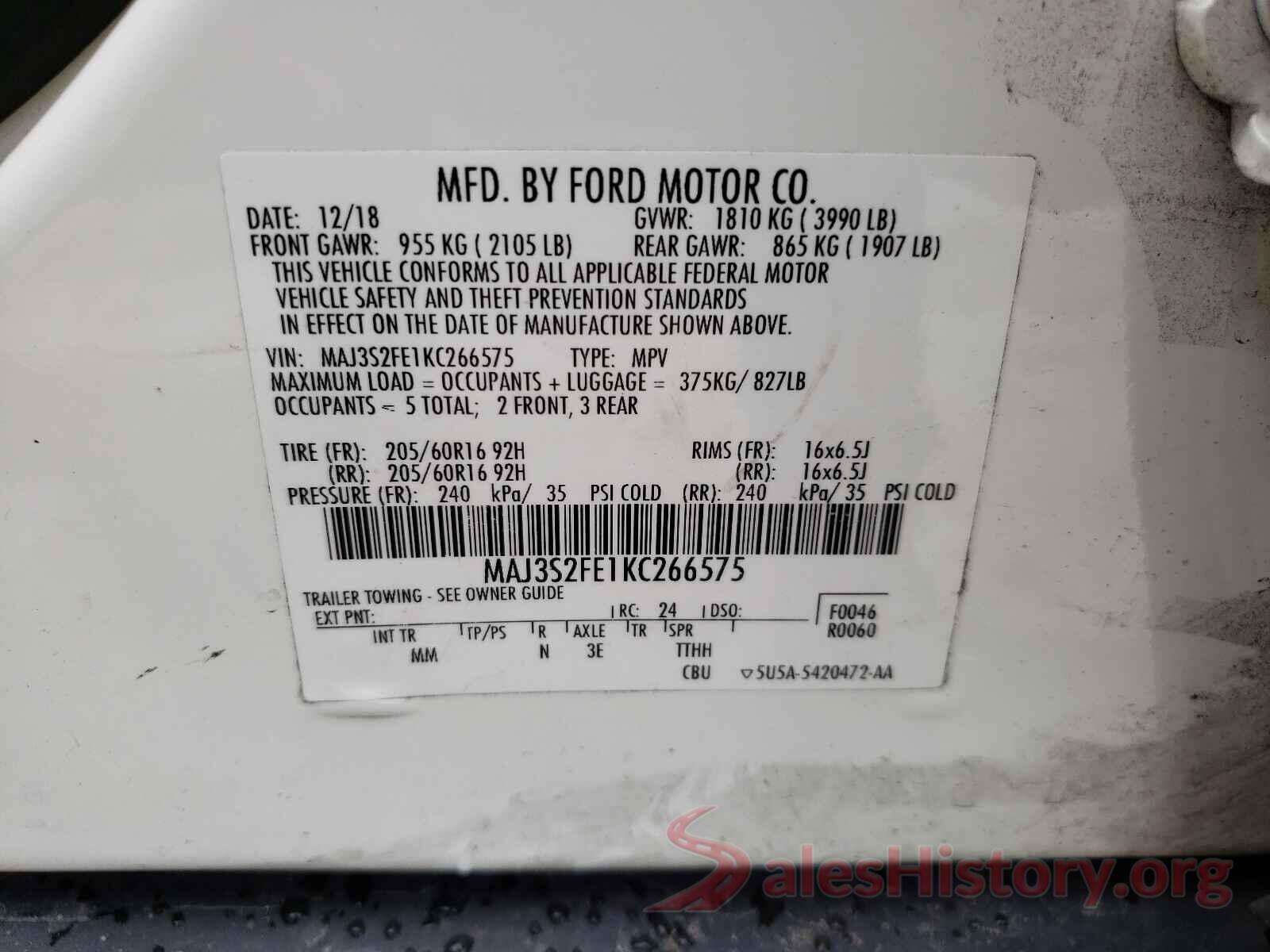 MAJ3S2FE1KC266575 2019 FORD ALL OTHER