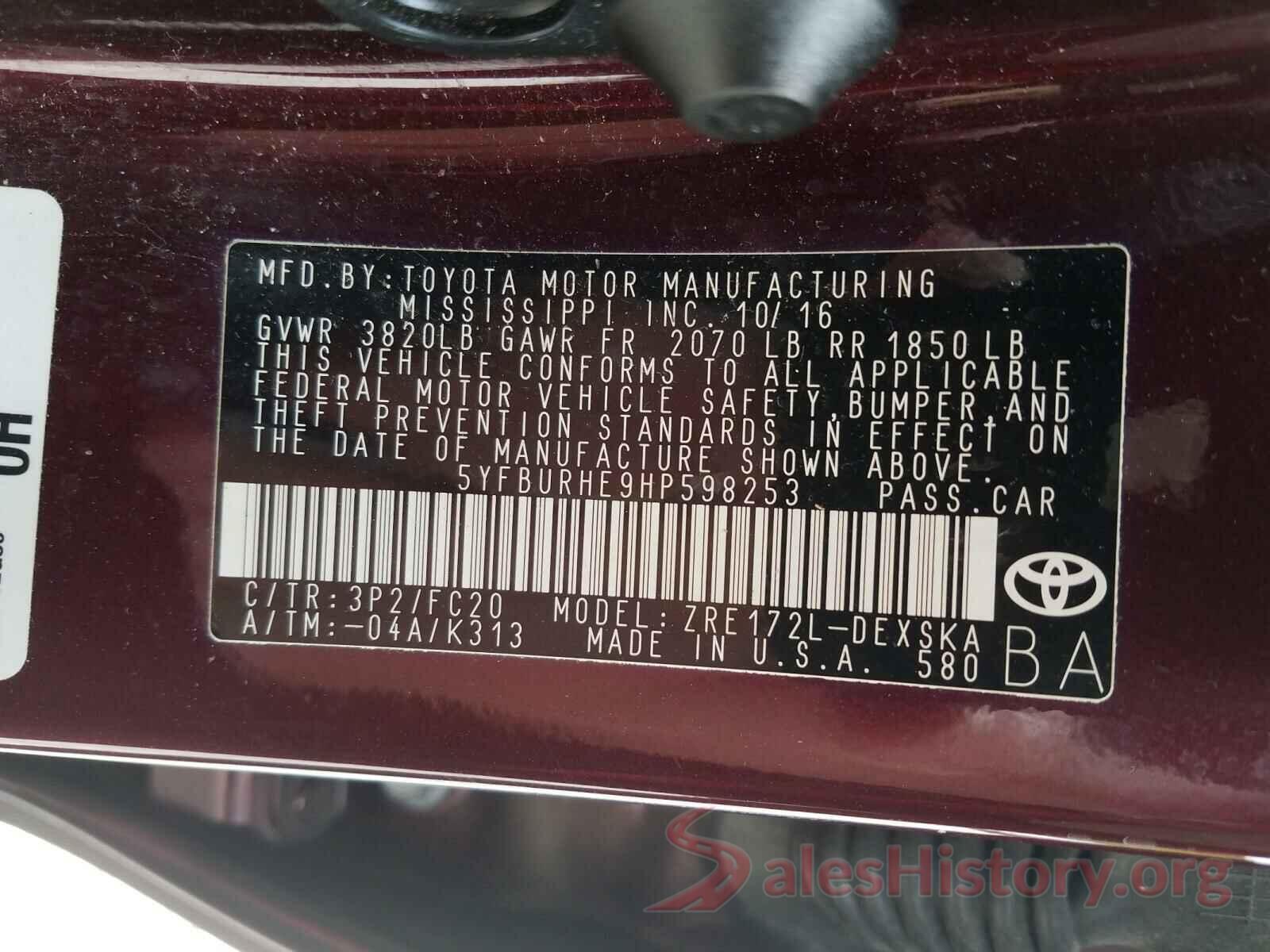 5YFBURHE9HP598253 2017 TOYOTA COROLLA