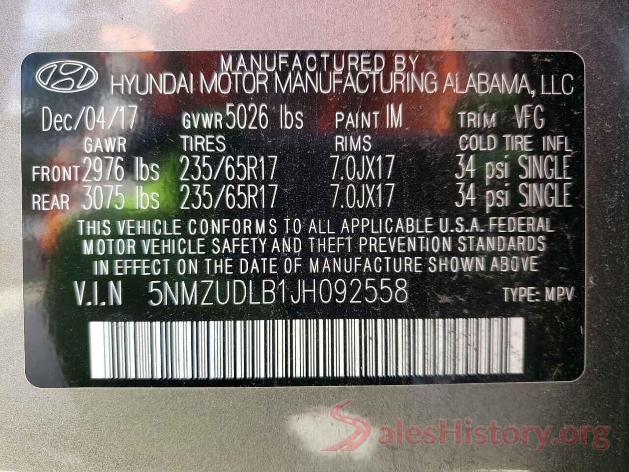 5NMZUDLB1JH092558 2018 HYUNDAI SANTA FE