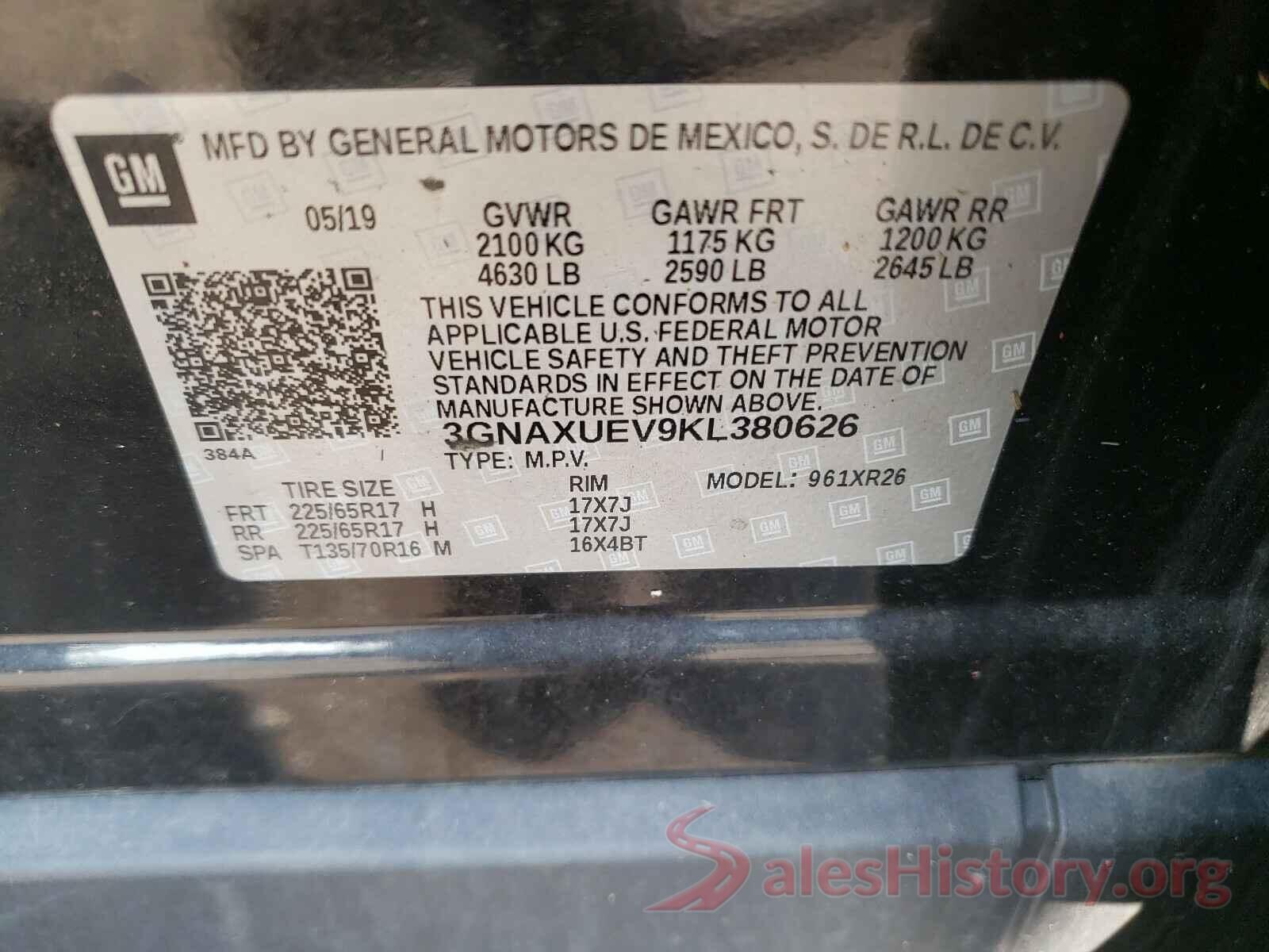 3GNAXUEV9KL380626 2019 CHEVROLET EQUINOX