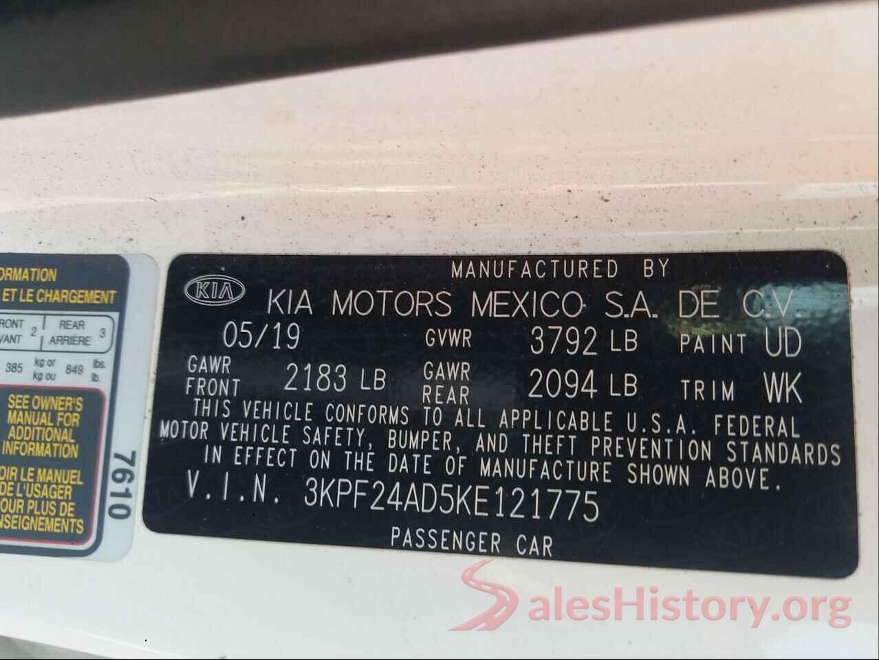 3KPF24AD5KE121775 2019 KIA FORTE