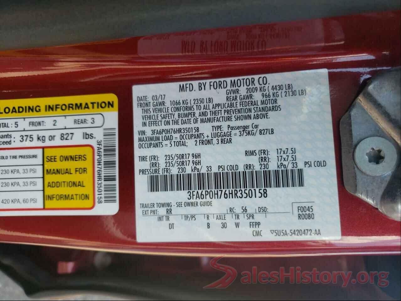 3FA6P0H76HR350158 2017 FORD FUSION