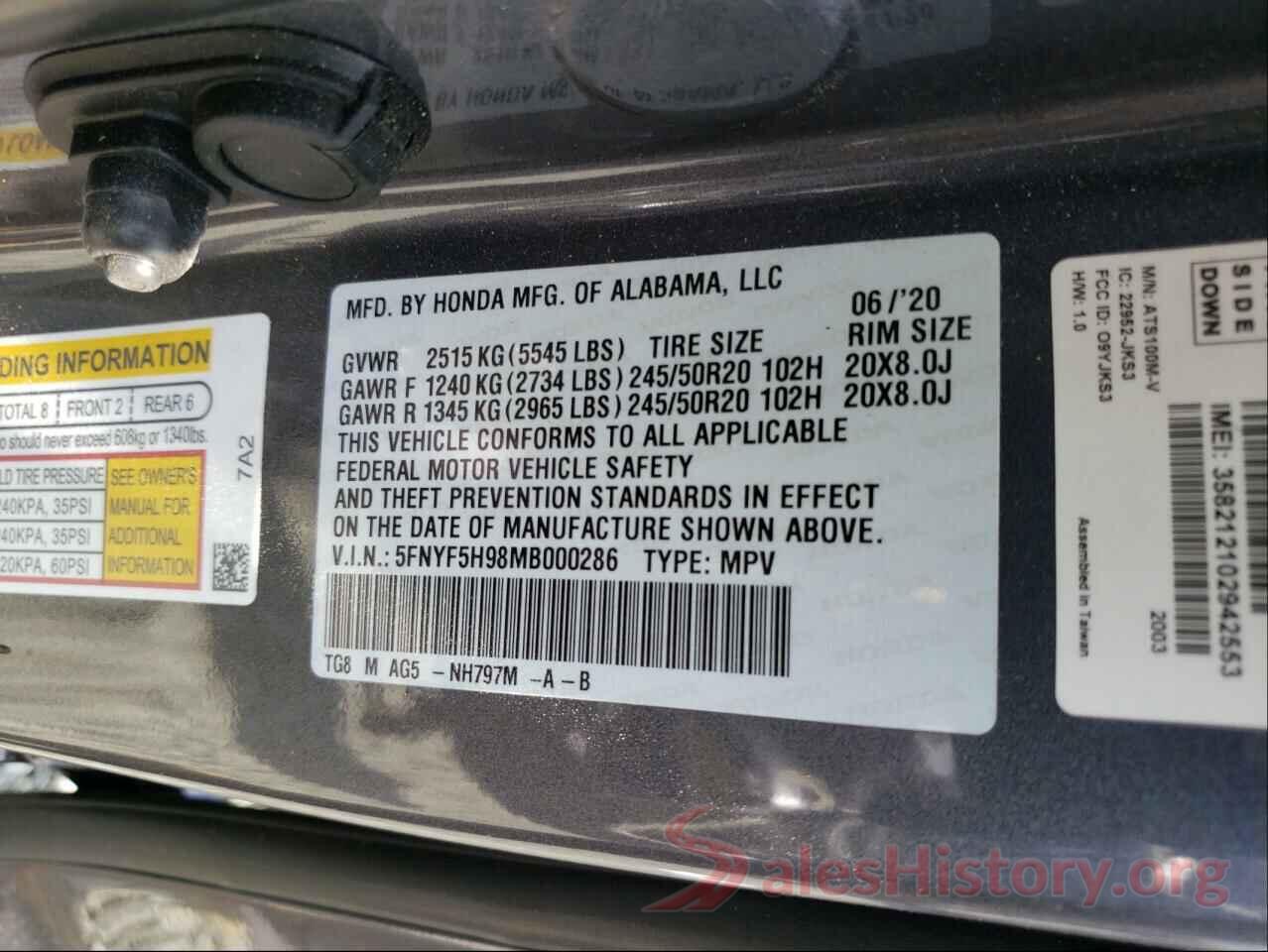 5FNYF5H98MB000286 2021 HONDA PILOT