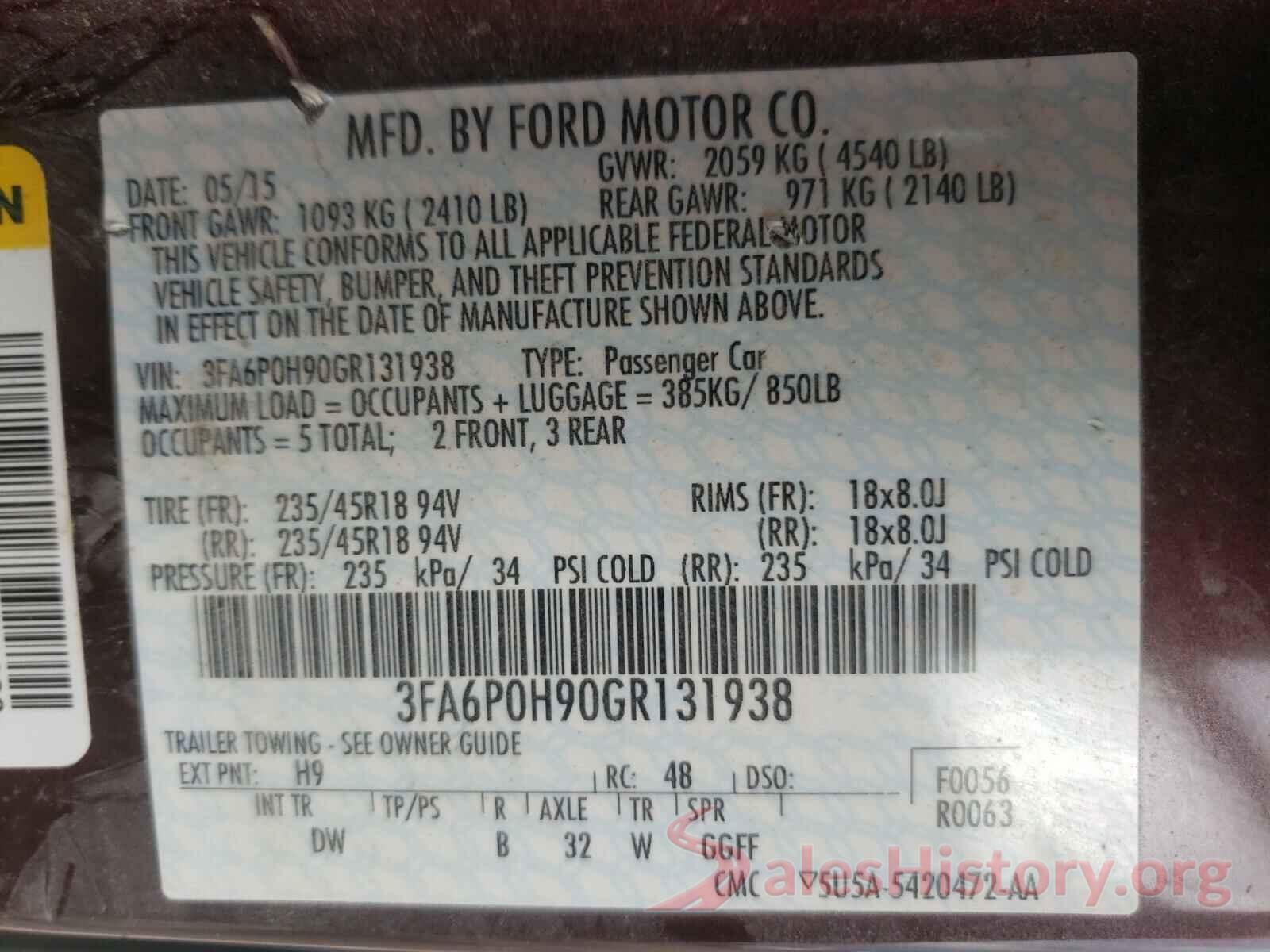 3FA6P0H90GR131938 2016 FORD FUSION