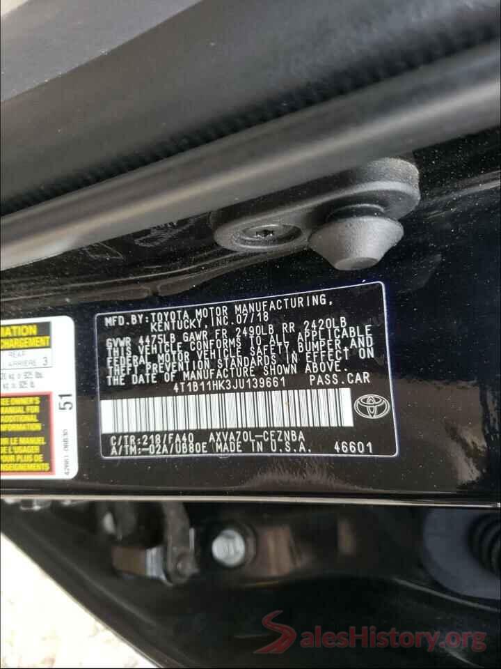 4T1B11HK3JU139661 2018 TOYOTA CAMRY